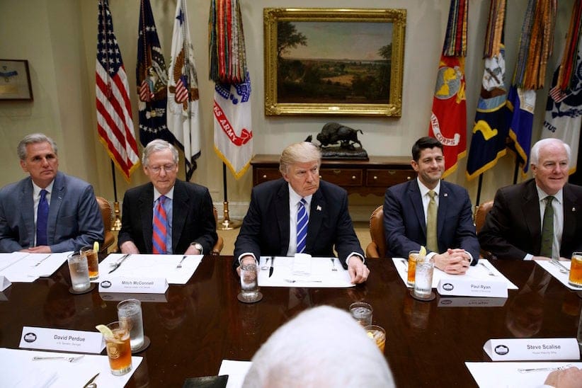President Donald Trump hosts a meeting with House and Senate leadership, Wednesday, March 1, 2017, in the Roosevelt Room of the White House in Washington. From left are, House Majority Leader Kevin McCarthy of Calif., Senate Majority Leader Mitch McConnell of Ky., Trump, House Speaker Paul Ryan of Wis., and Senate Majority Whip John Cornyn of Texas. (AP Photo/Evan Vucci)