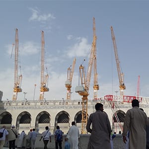 Muslim pilgrims arrive at the Masjid al-Haram (Grand Mosque) as expansion and construction works continue ahead of the start of the annual hajj pilgrimage in Mecca, Saudi Arabia on September 12, 2015. (Ozkan Bilgin/Anadolu Agency/Getty Images)