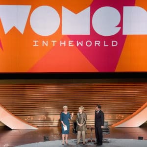 Tina Brown, Former United States Secretary of State, Hillary Clinton and Journalist Nicholas Kristof speak during the Eighth Annual Women In The World Summit at Lincoln Center for the Performing Arts on April 6, 2017 in New York City. (Michael Loccisano/Getty Images)