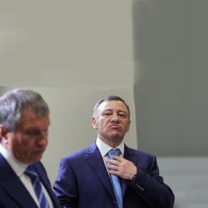 Russian businessman and billionaire Arkady Rotenberg (R) and Rosneft's oil company President Igor Sechin (L) seen during the openings of the 2013 IIHF U18 World Junior Championship on April 18, 2013 in Sochi, Russia. (Sasha Mordovets/Getty Images)