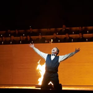 Russell Braun as Louis Riel in the Canadian Opera Company’s new production of Louis Riel, 2017. Conductor Johannes Debus, director Peter Hinton, set designer Michael Gianfrancesco, costume designer Gillian Gallow, lighting designer Bonnie Beecher, and choreographer Santee Smith. (Sophie I'Anson/COC)