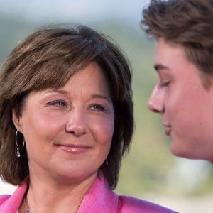 Former B.C. premier Christy Clark speaks to media next to her son Hamish for the first time since announcing she will be stepping down as B.C. Liberal leader and MLA in Vancouver, B.C., on Monday, July 31, 2017. THE CANADIAN PRESS/Ben Nelms