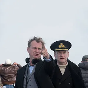(L-R) Director/writer/producer CHRISTOPHER NOLAN and KENNETH BRANAGH on the set of the Warner Bros. Pictures action thriller "DUNKIRK." (Melinda Sue Gordon/Warner Bros.)