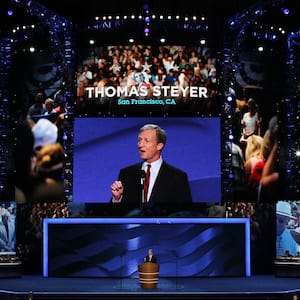 CHARLOTTE, NC - SEPTEMBER 05: Co-Founder of Advanced Energy Economy Tom Steyer speaks during day two of the Democratic National Convention at Time Warner Cable Arena on September 5, 2012 in Charlotte, North Carolina. The DNC that will run through September 7, will nominate U.S. President Barack Obama as the Democratic presidential candidate. (Photo by Alex Wong/Getty Images)
