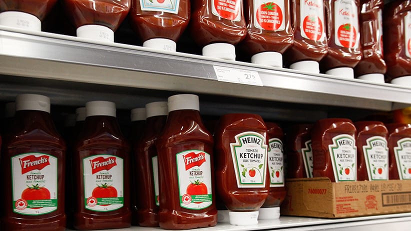 French's ketchup sits next to Heinz ketchup on a grocery store shelf in Leamington, Ont. (Photograph by Dennis Pajot)