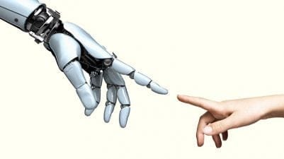 Cybernetic robot hand and child's hand point toward each other. (Coneyl Jay/Getty Images)