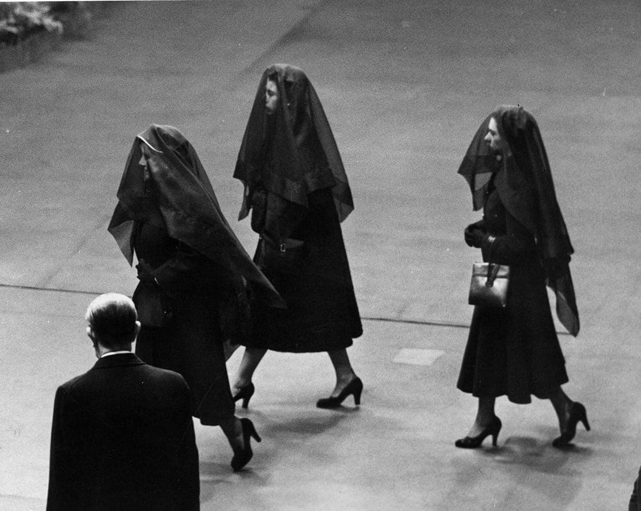 The Queen Mother, Queen Elizabeth II, Princess Margaret attending the funeral of King George VI in February 1952.