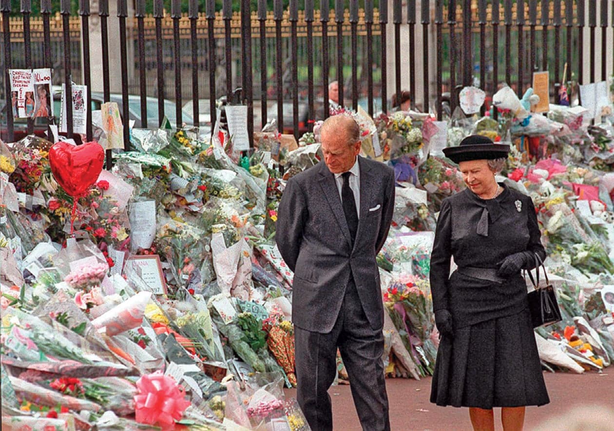 Queen Elizabeth II and Prince Philip with tributes to Princess Diana