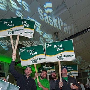 Supporters celebrate during the Saskatchewan Party election victory at Palliser Pavilion in Swift Current, Saskatchewan, on Monday, April 4, 2016. (Michael Bell/CP)
