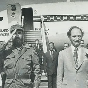 CANADA - JANUARY 25: 1976 visit to Cuba strained relations with Washington; when Trudeau declared 'Viva Castro.' Fidel Castro is at centre; Margaret Trudeau holds baby Michel (Photo by Boris Spremo/Toronto Star via Getty Images)