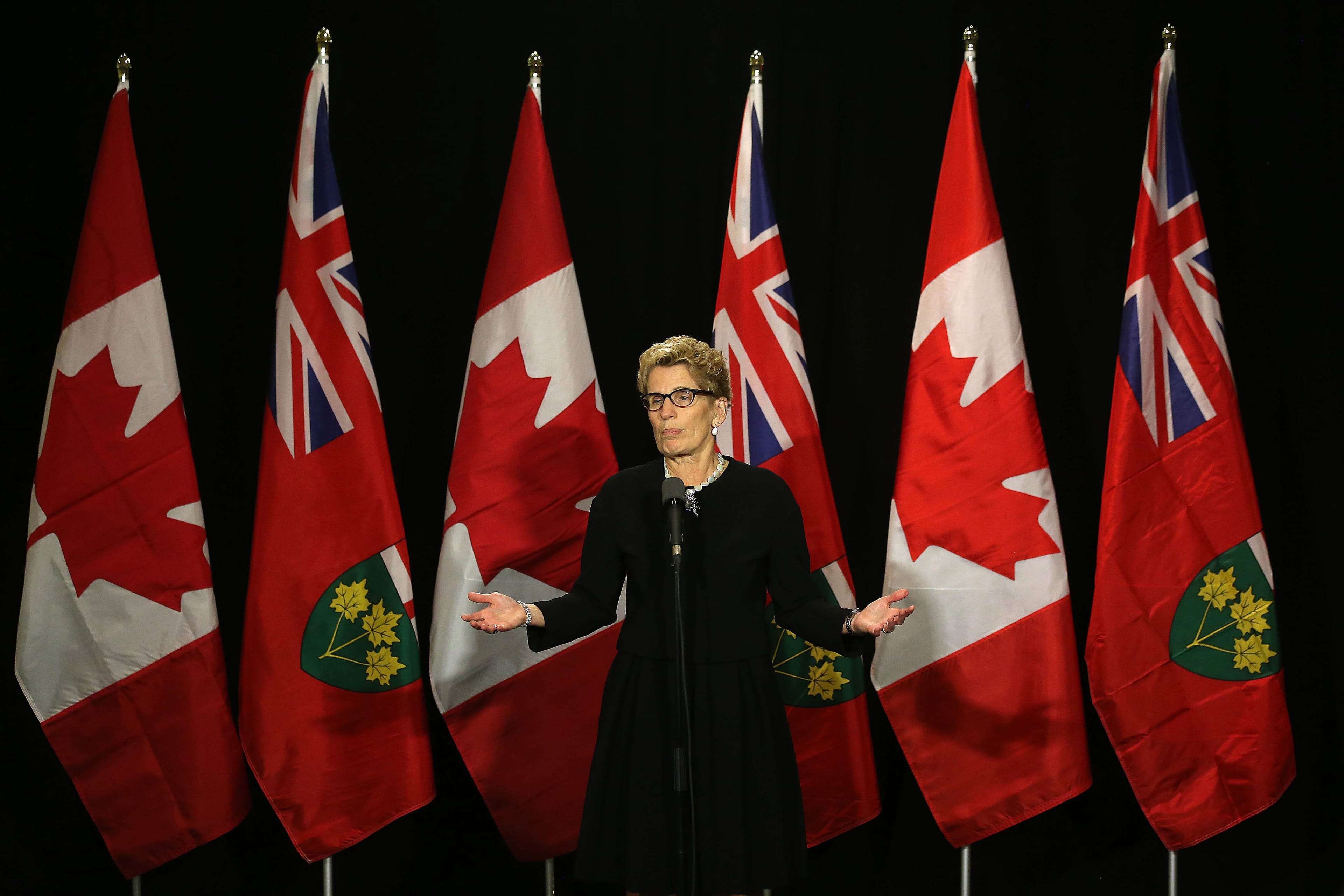 Premier Kathleen Wynne takes questions after addressing Liberals and party donors at Ontario Liberal Party Heritage Dinner in Toronto. (Steve Russell/Toronto Star via Getty Images)