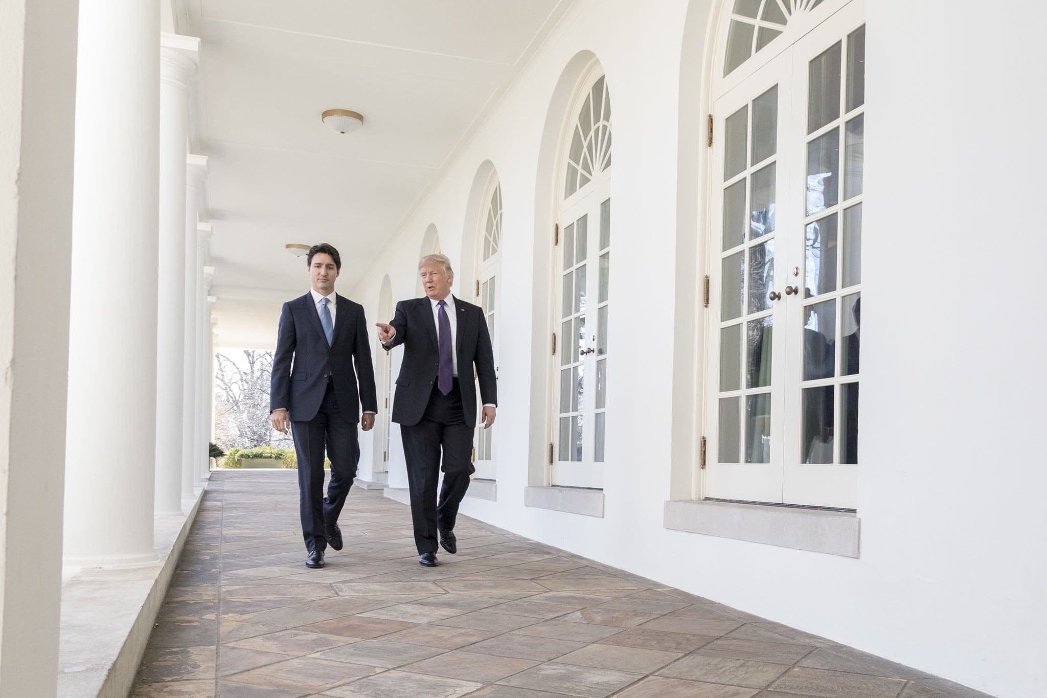President Donald Trump and Canadian Prime Minister Justin Trudeau walk along the Colonnade outside the Oval Office, Monday, Feb. 13, 2017, at the White House in Washington, D.C. (Official White House Photo by Shealah Craighead)