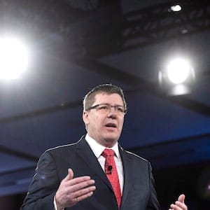 Saskatchewan Premier Scott Moe speaks at the Manning Networking Conference in Ottawa on Friday, Feb. 9, 2018. THE CANADIAN PRESS/Justin Tang