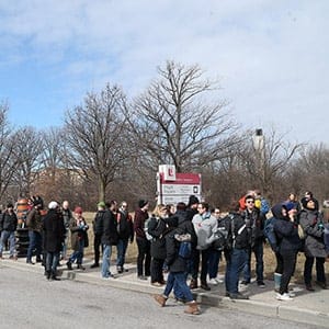 TORONTO- MARCH 5 - Hundreds of York University contract faculty line up to register as they go on strike as negotiations break down. The teaching assistants, part-time faculty and graduate assistants start the strike with a rally on Monday morning at Main Gate at York University inToronto. March 5, 2018. (Steve Russell/Toronto Star via Getty Images)
