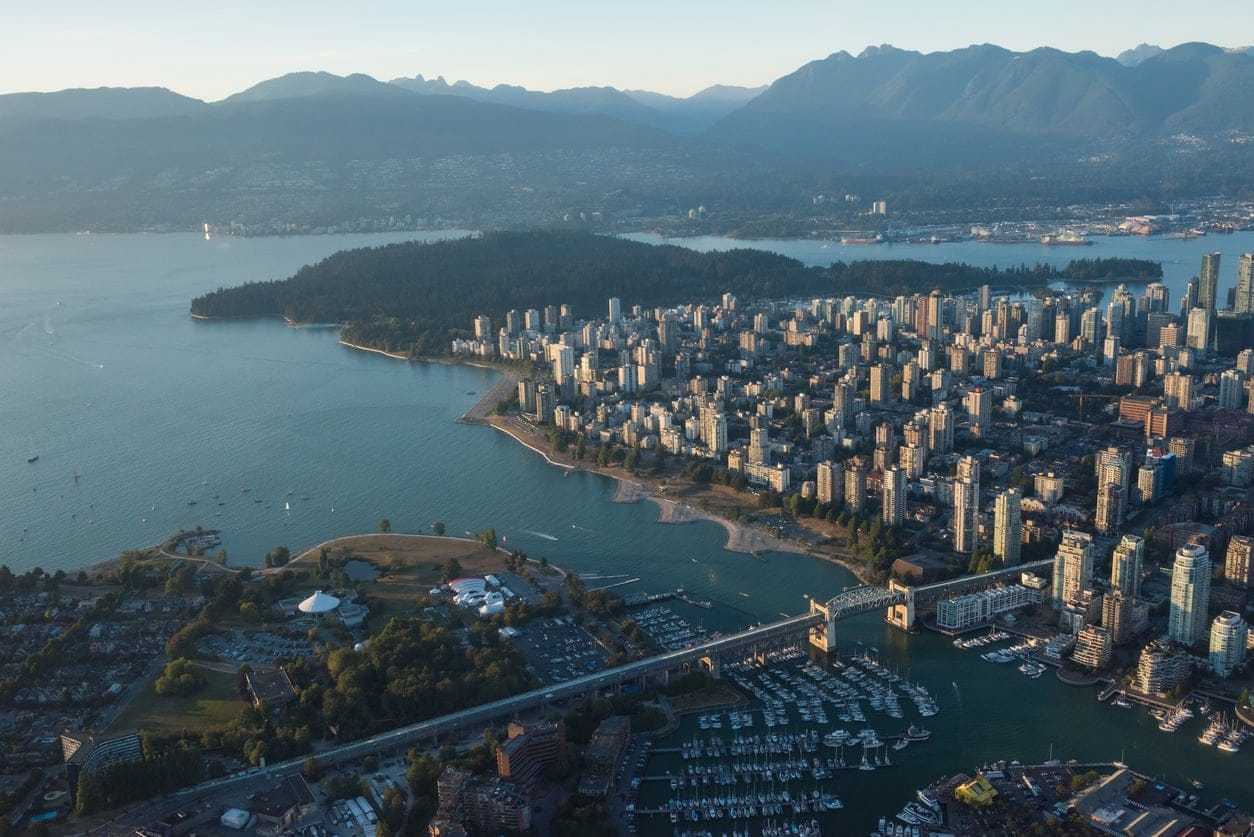Aerial Image of Vancouver, British Columbia, Canada with Stanley Park, downtown, Burrard Street Bridge and waterfront
