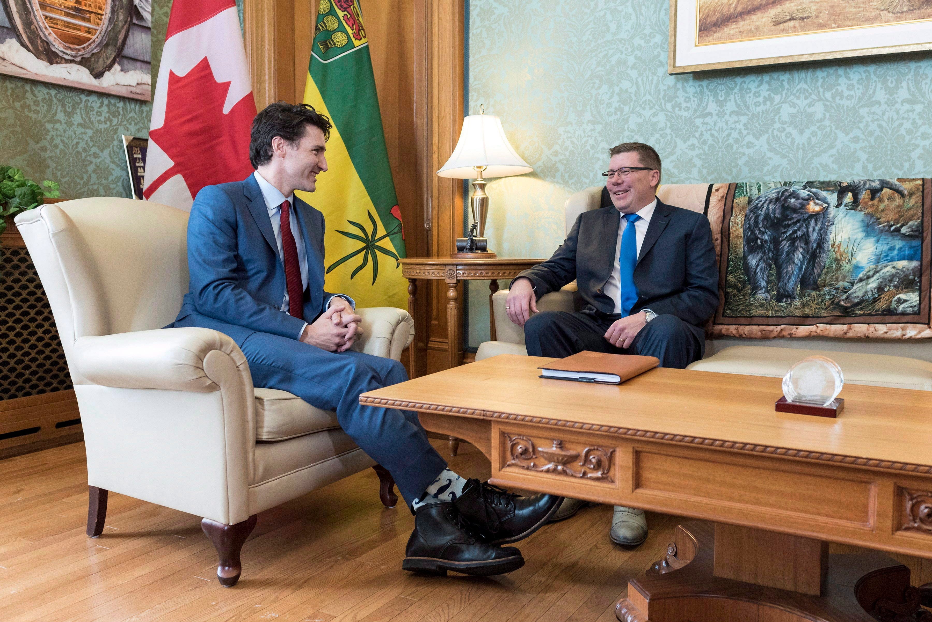 Prime Minister Justin Trudeau and Saskatchewan Premier Scott Moe meet at the Legislative Building in Regina in March THE CANADIAN PRESS/Michael Bell