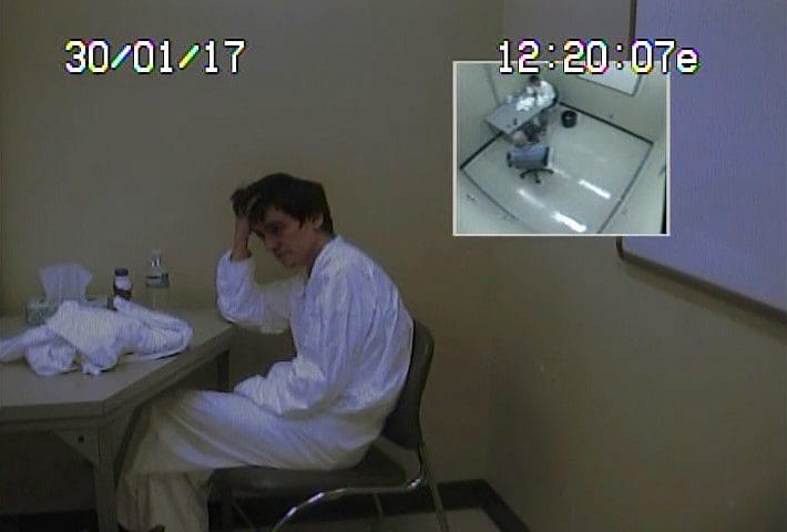 Police interview Alexandre Bissonnette on January 30, 2017, the day after the mosque attacks, in this still from an interrogation video shown by the Crown to the sentencing hearings in Quebec City in this handout photo. THE CANADIAN PRESS/HO - Surete du Quebec