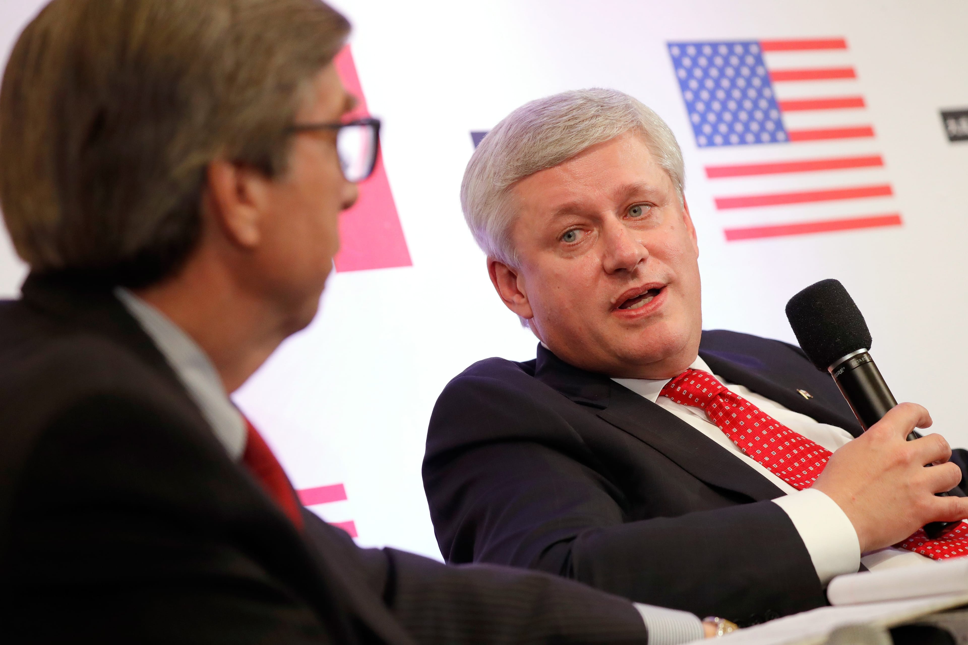Ambassador Gordon D. Giffin and Stephen Harper speak about Trump, Trudeau, and NAFTA Negotiations at Dentons NAFTA 2.0 Summit on Oct. 11, 2017 in Washington. (Photo by Paul Morigi/Getty Images for Dentons)