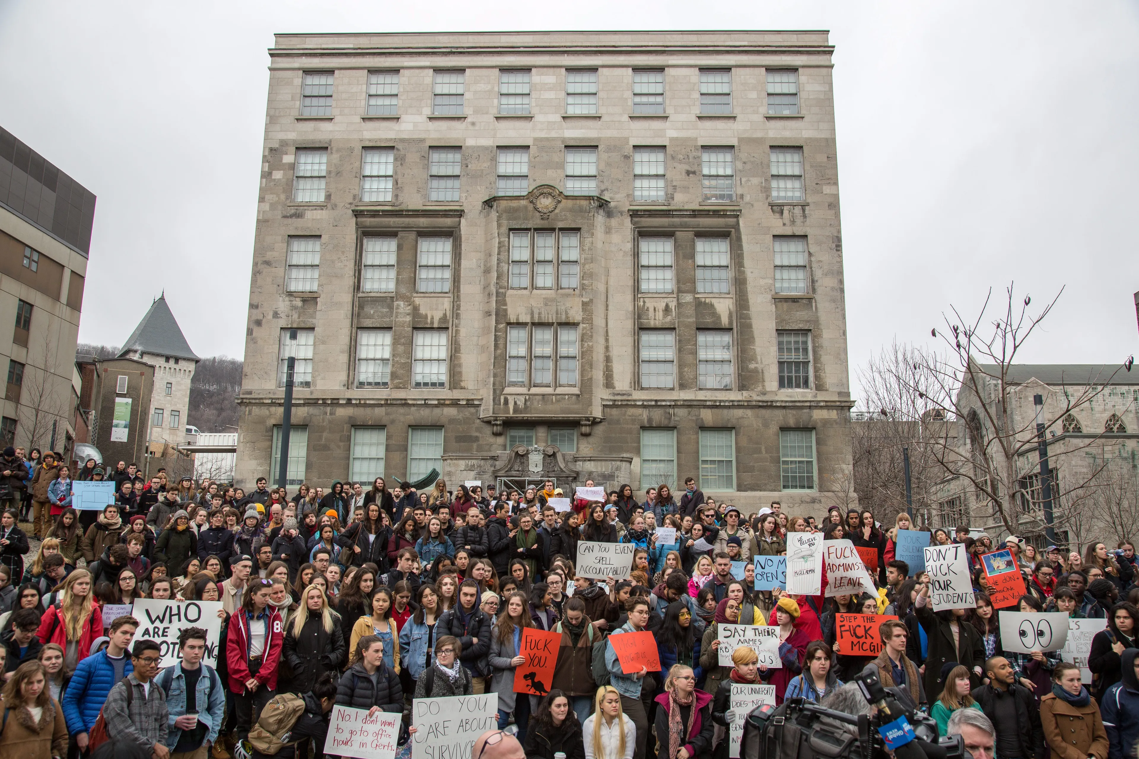 Hundreds of students from McGill and Concordia universities gather on the McGill campus in Montreal, Canada on April 11, 2018 to call for action over sexual violence allegations against professors at both schools.