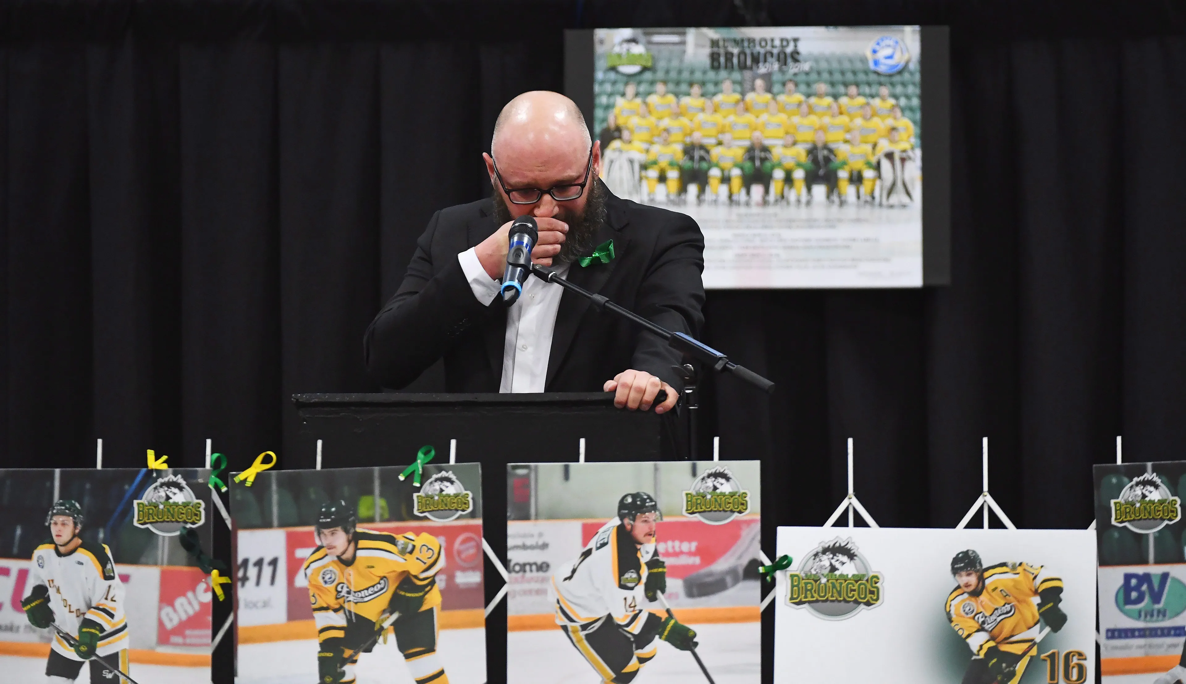 Pastor Sean Brandow speaks during a vigil at the Elgar Petersen Arena, home of the Humboldt Broncos, to honour the victims of a fatal bus accident in Humboldt, Sask. on Sunday, April 8, 2018. THE CANADIAN PRESS/Jonathan Hayward