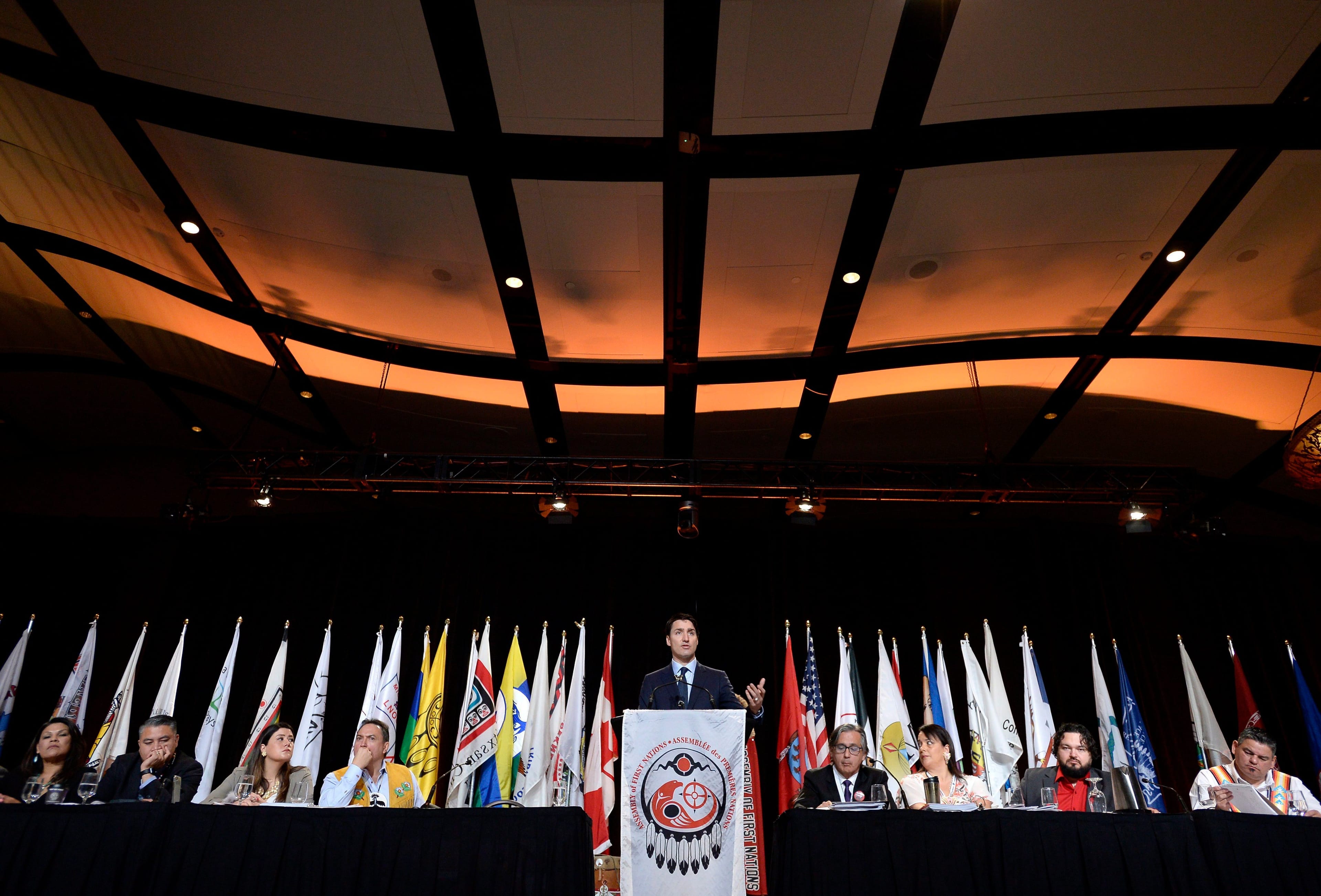 Prime Minister Justin Trudeau delivers an address at the Assembly of First Nations Special Chiefs Assembly in Gatineau, Que., on Wednesday, May 2, 2018. (THE CANADIAN PRESS/Justin Tang)