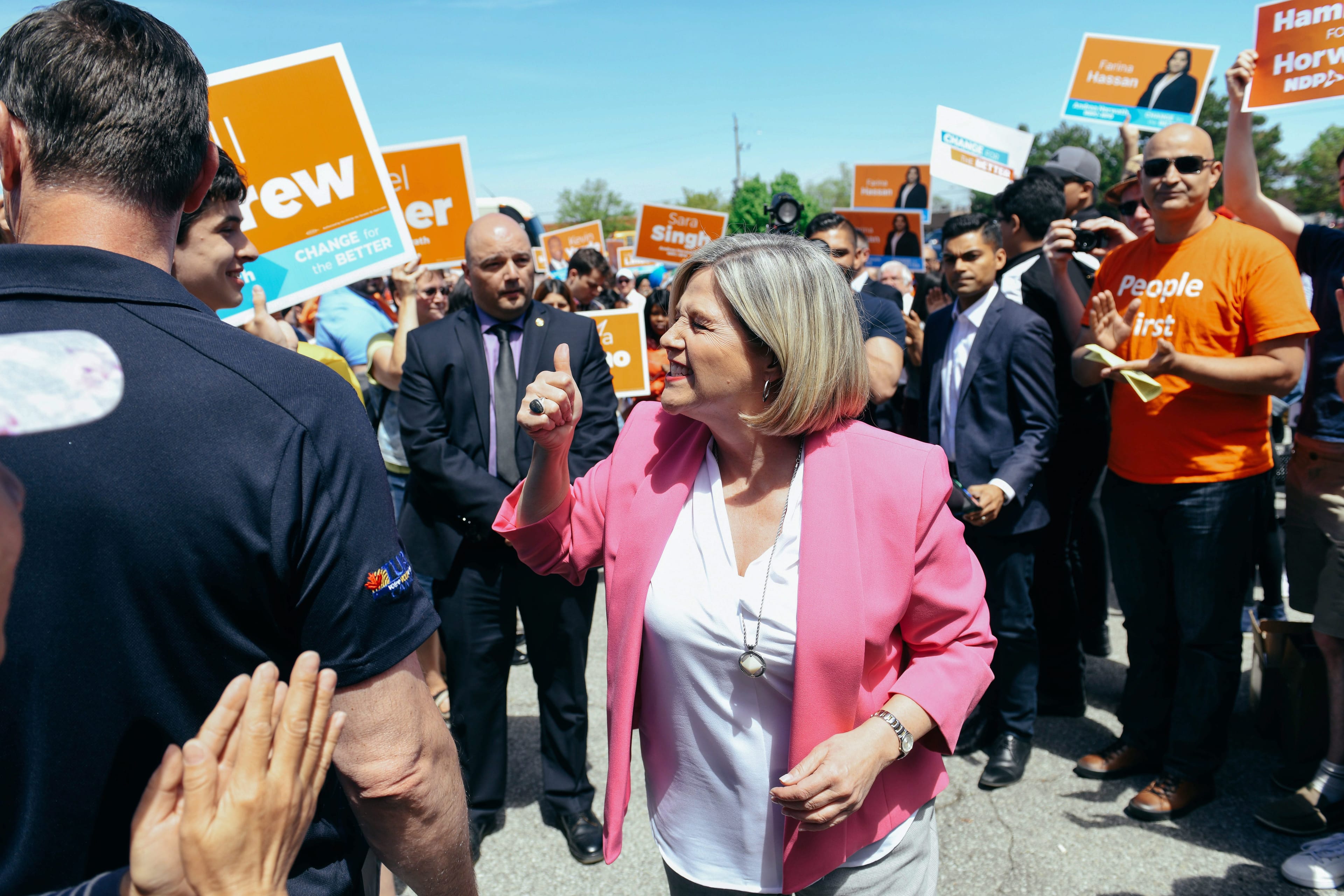 Provincial NDP Leader Andrea Horwath gives supporters a thumbs up before the start of an NDP rally in Brampton, Monday, May 21, 2018. (THE CANADIAN PRESS/Galit Rodan)