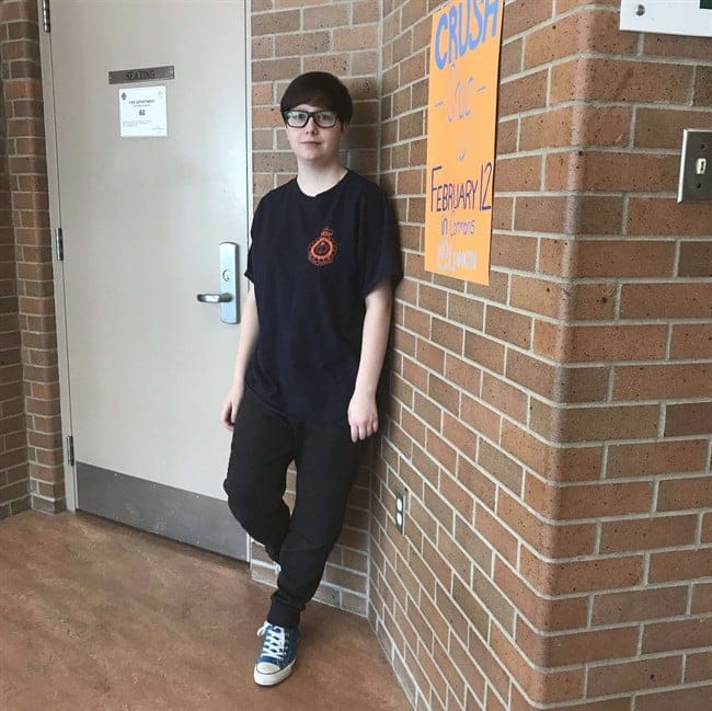 Jordyn Dyck, 17, of Regina, is one of two youth who filed complaints with the Saskatchewan Human Rights Commission about the gender designations on their birth certificates. A Saskatchewan court has ordered the province to ditch gender markers from birth certificates. The government is also to allow people under the age of 18 to apply for gender changes on the documents. (Canadian Press/Handout)