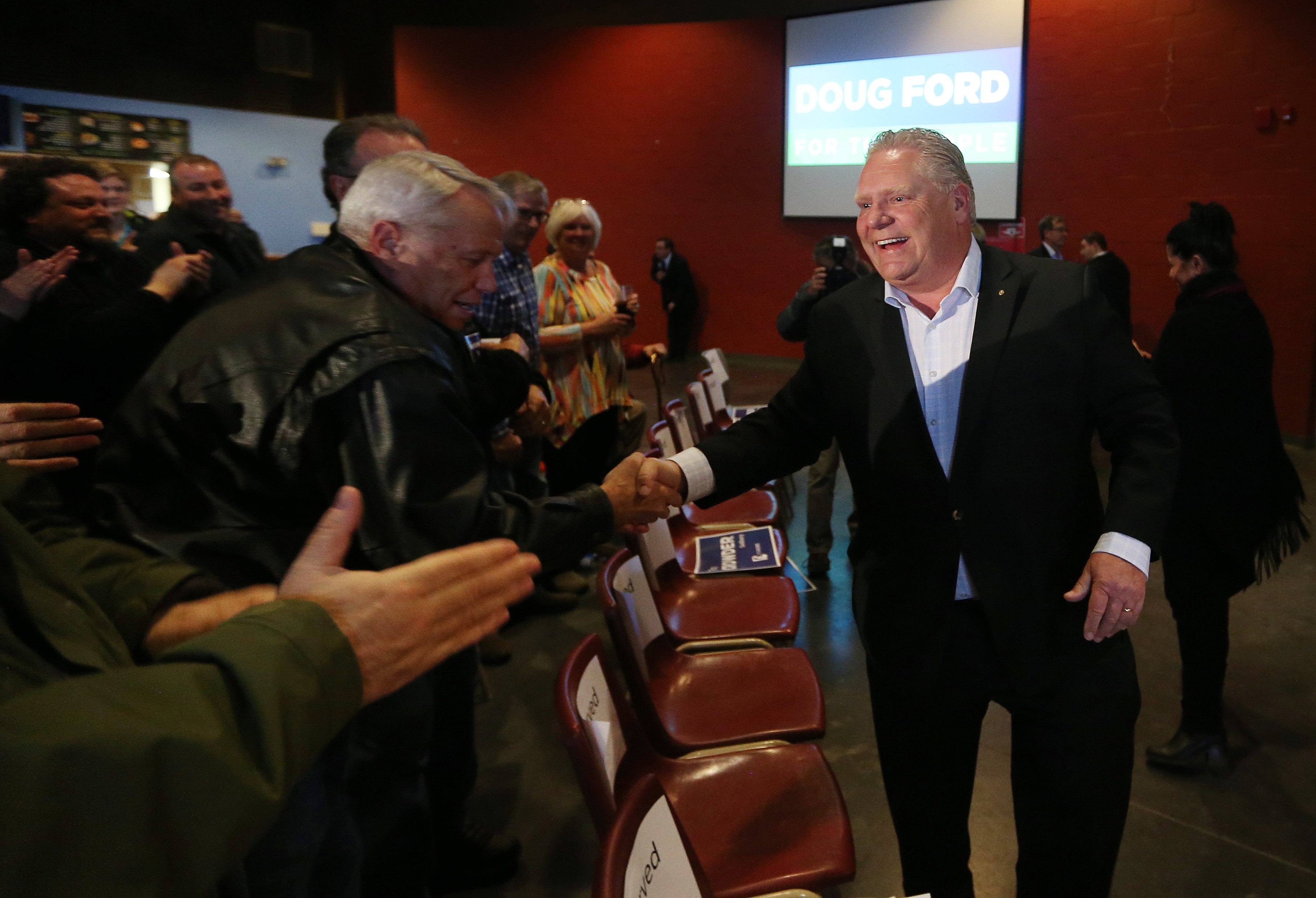 PC Leader Doug Ford at a rally attended by approximately 300 people at Cambrian College in Sudbury. (Steve Russell/Toronto Star via Getty Images)