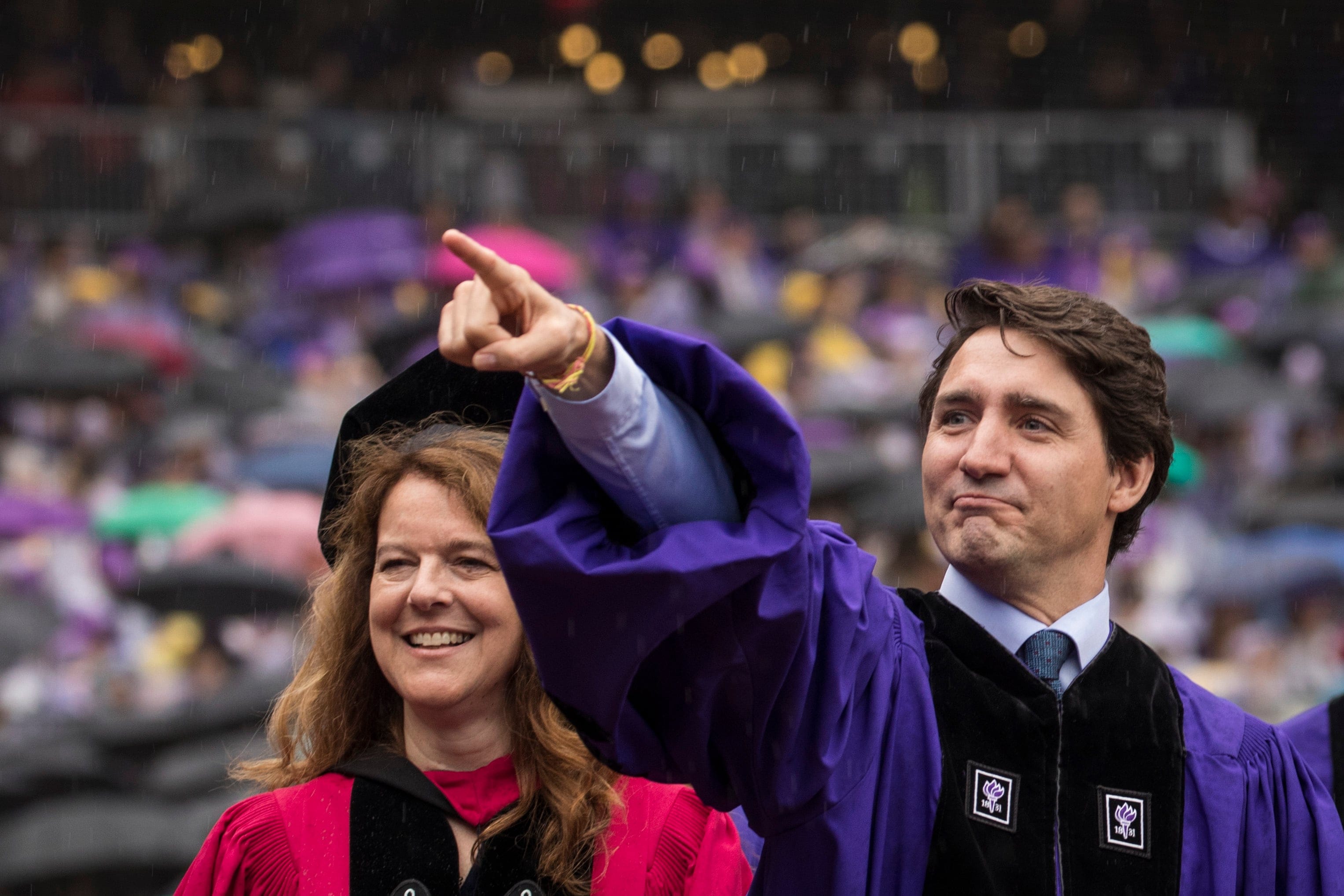 Prime Minister Justin Trudeau gestures as he arrives for New York University's commencement ceremony at Yankee Stadium, May 16, 2018 in the Bronx borough of New York City. (Photo by Drew Angerer/Getty Images)