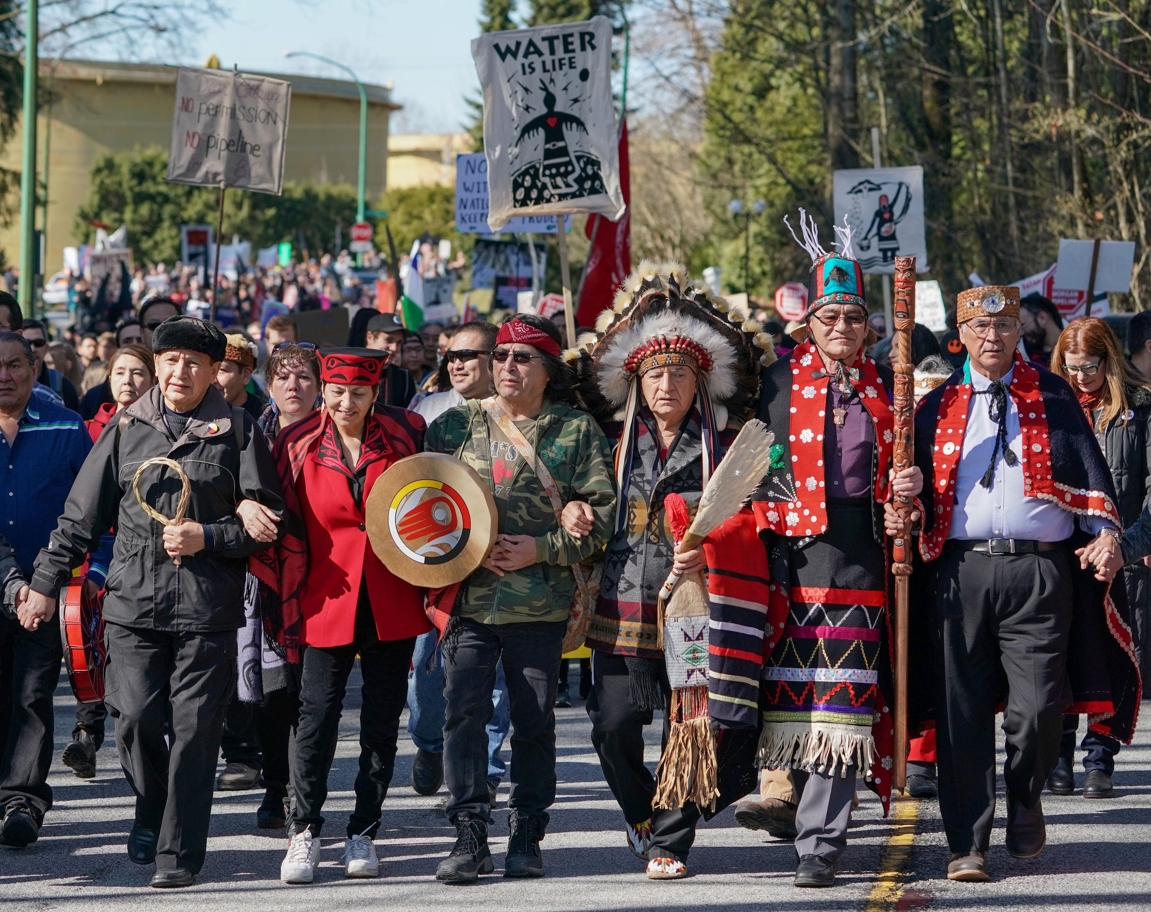 Indigenous leaders and environmentalists march in protest against Morgan's Trans Mountain pipeline in southern British Columbia, in Burnaby, British Columbia, Canada March 10, 2018. (Nick Didlick/Reuters)