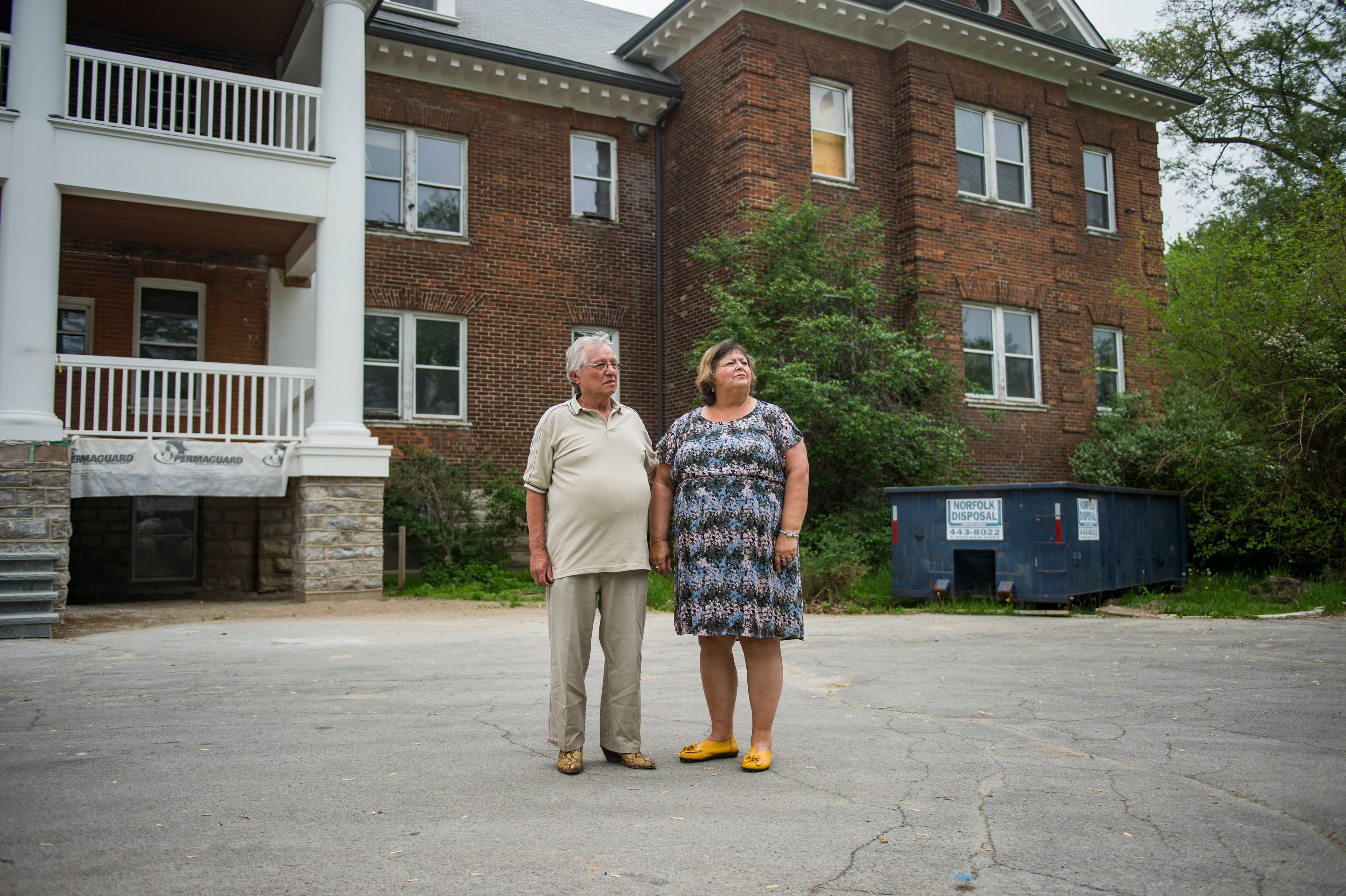 Doug and Linda Johns walk through the Mohawk Institute grounds on May 26, 2018. Doug had spent several years at the Mohawk Institute Residential School. (Photograph by Andrew Lahodynskyj)