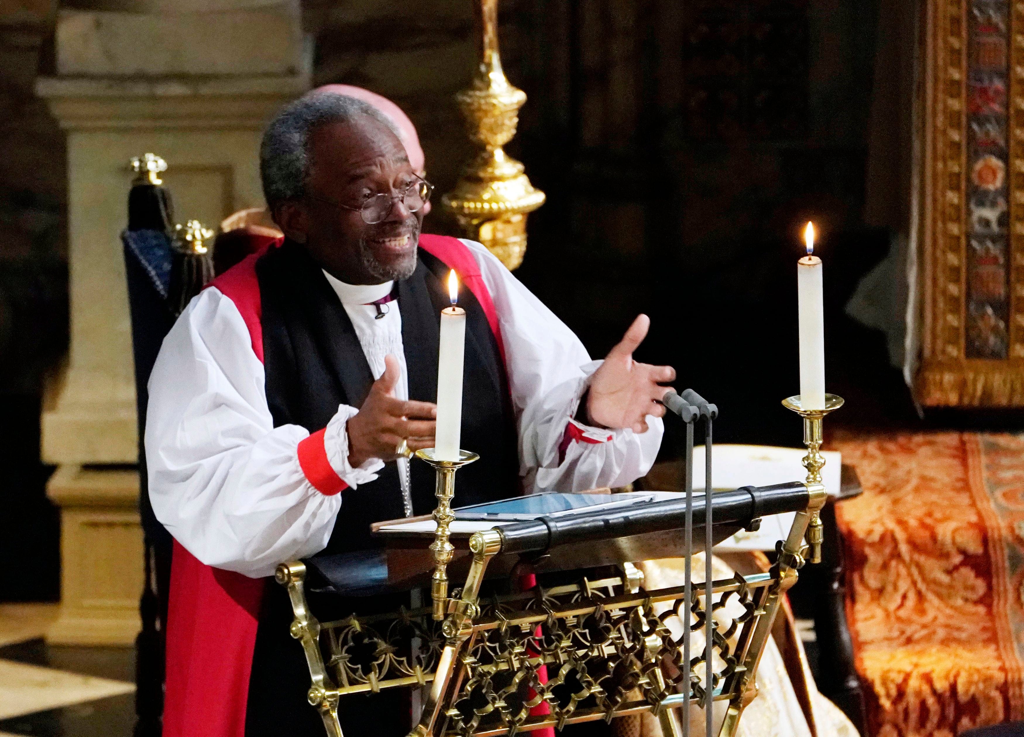 The Most Rev Bishop Michael Curry, primate of the Episcopal Church, speaks during the wedding ceremony of Prince Harry and Meghan Markle at St. George's Chapel in Windsor Castle in Windsor, near London, England, Saturday, May 19, 2018. (Owen Humphreys/AP/CP)