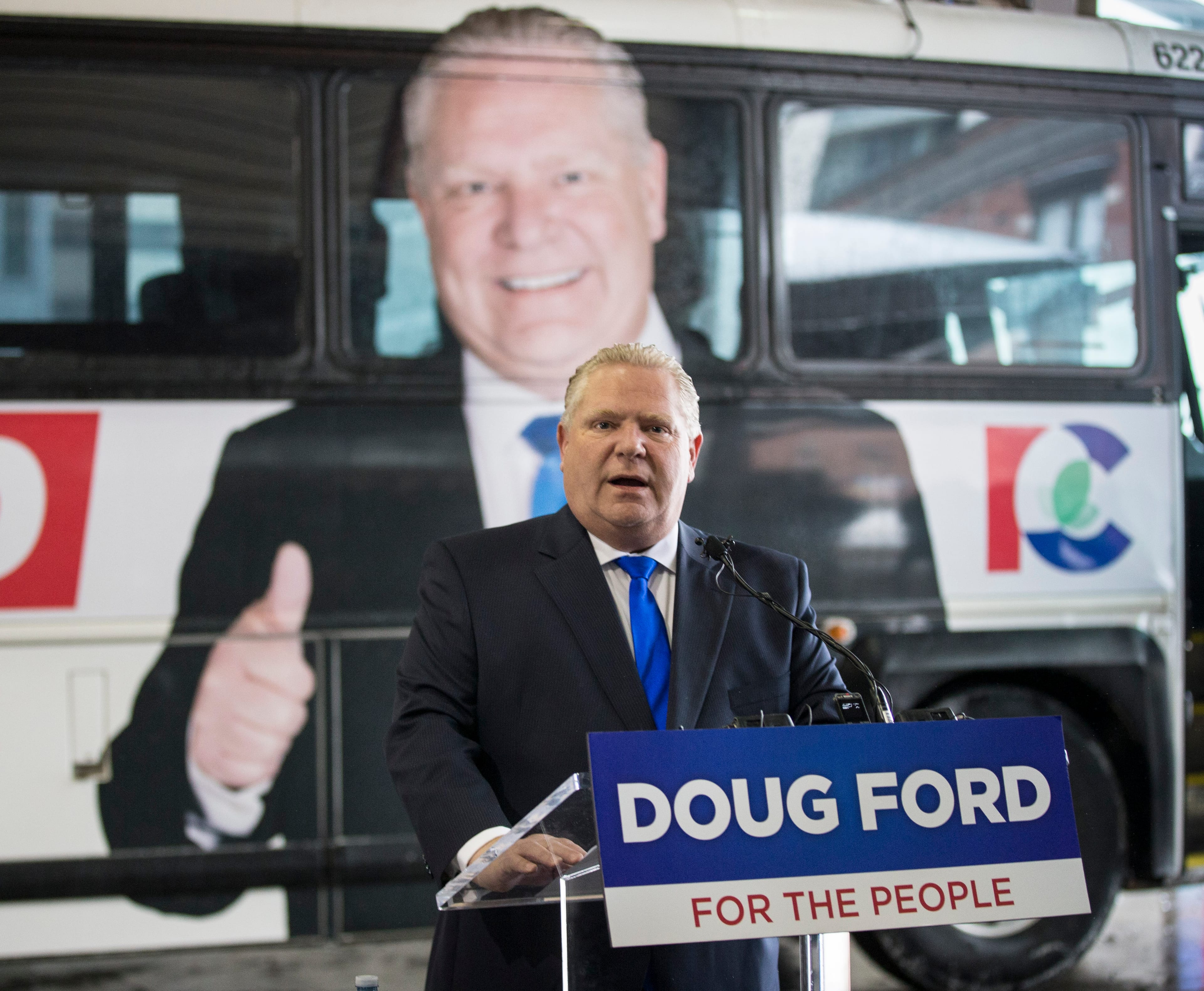 TORONTO, ON - APRIL 15 - Ontario PC Leader Doug Ford unveiled the Ontario PC Campaign bus and slogan at the Toronto Coach Terminal Arrival area. Ford has decided not to provide a campaign bus for media. April 15, 2018. Bernard Weil/Toronto Star (Bernard Weil/Toronto Star via Getty Images)