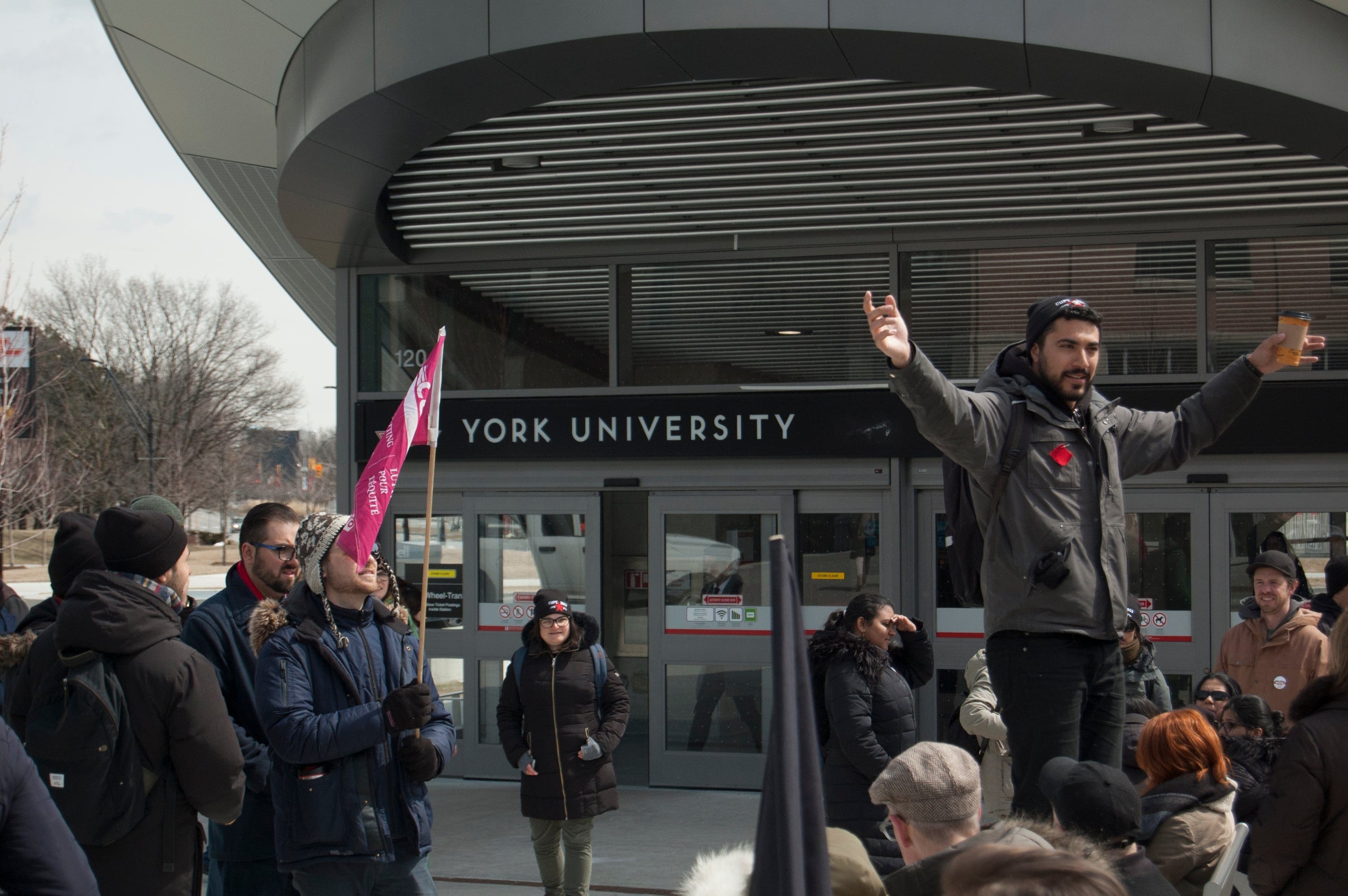 Striking university staff and students protest outside the York University subway stop on April 7, 2018. (Photograph by Jack Adams)