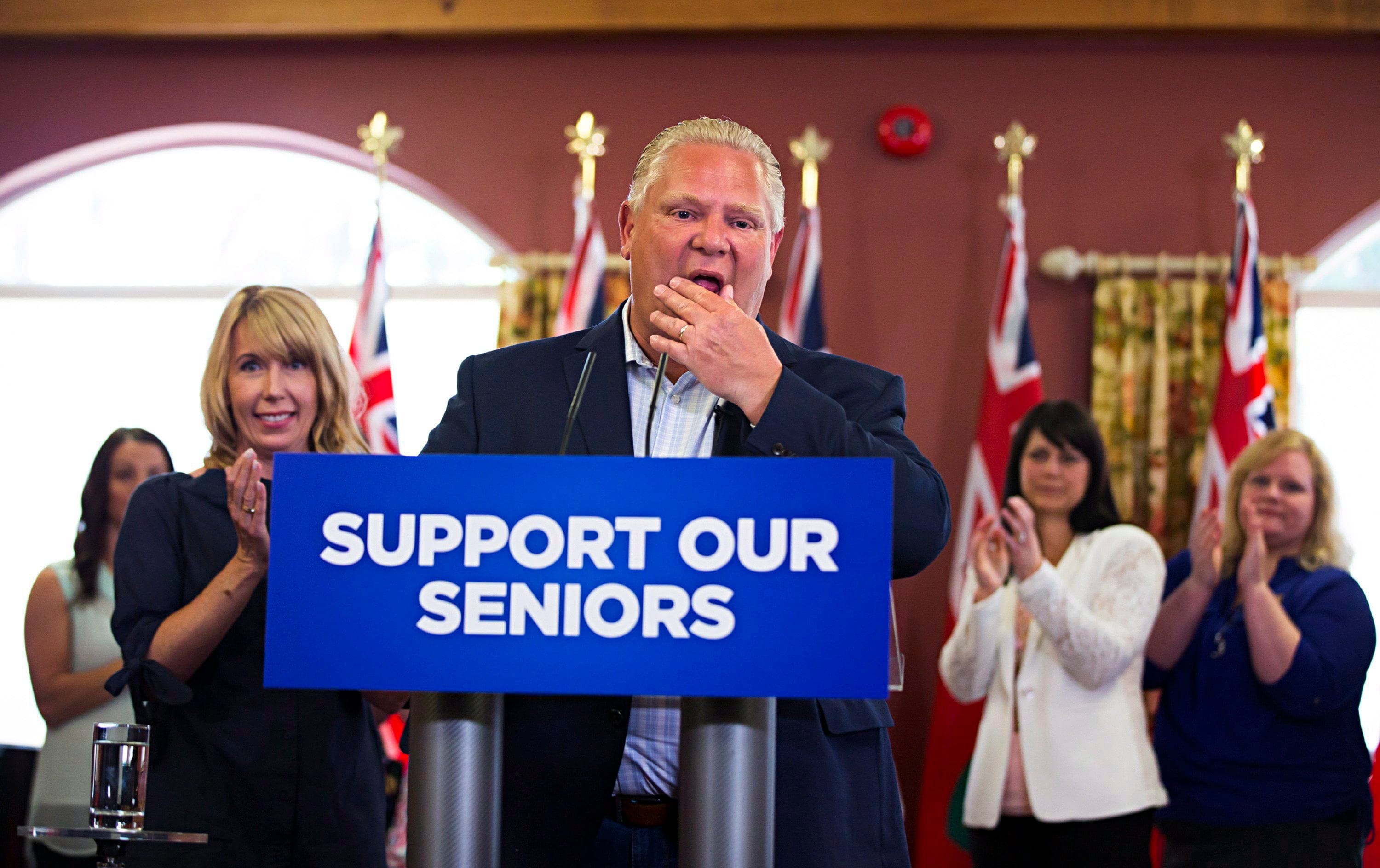 Ontario PC Leader Doug Ford speaks to residents during a campaign stop at Portal Village Retirement Home in Port Colborne, Ont., Tuesday, May 29, 2018. THE CANADIAN PRESS/Aaron Lynett