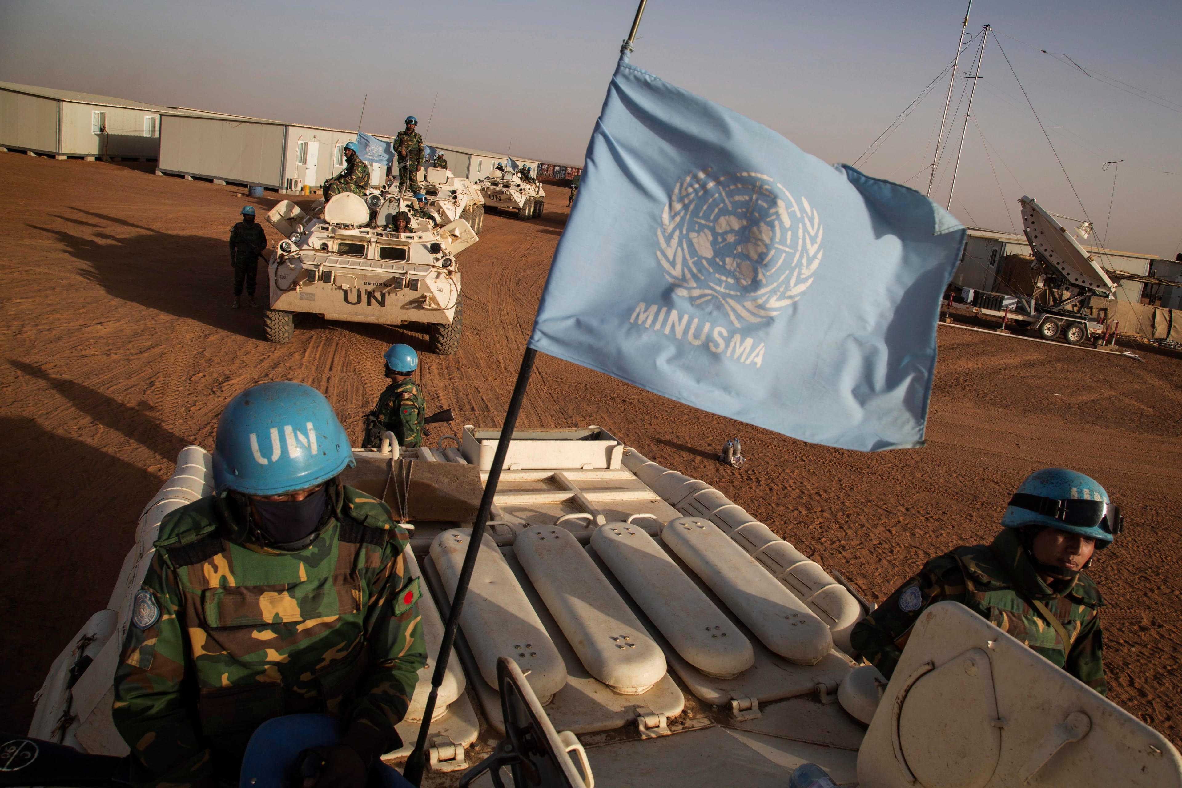 In this Feb. 25, 2015 photo provided by the United Nations, UN peacekeepers from Bangladesh arrive at the Niger Battalion Base in Ansongo, in eastern Mali. (Marco Dormino/United Nations via AP)