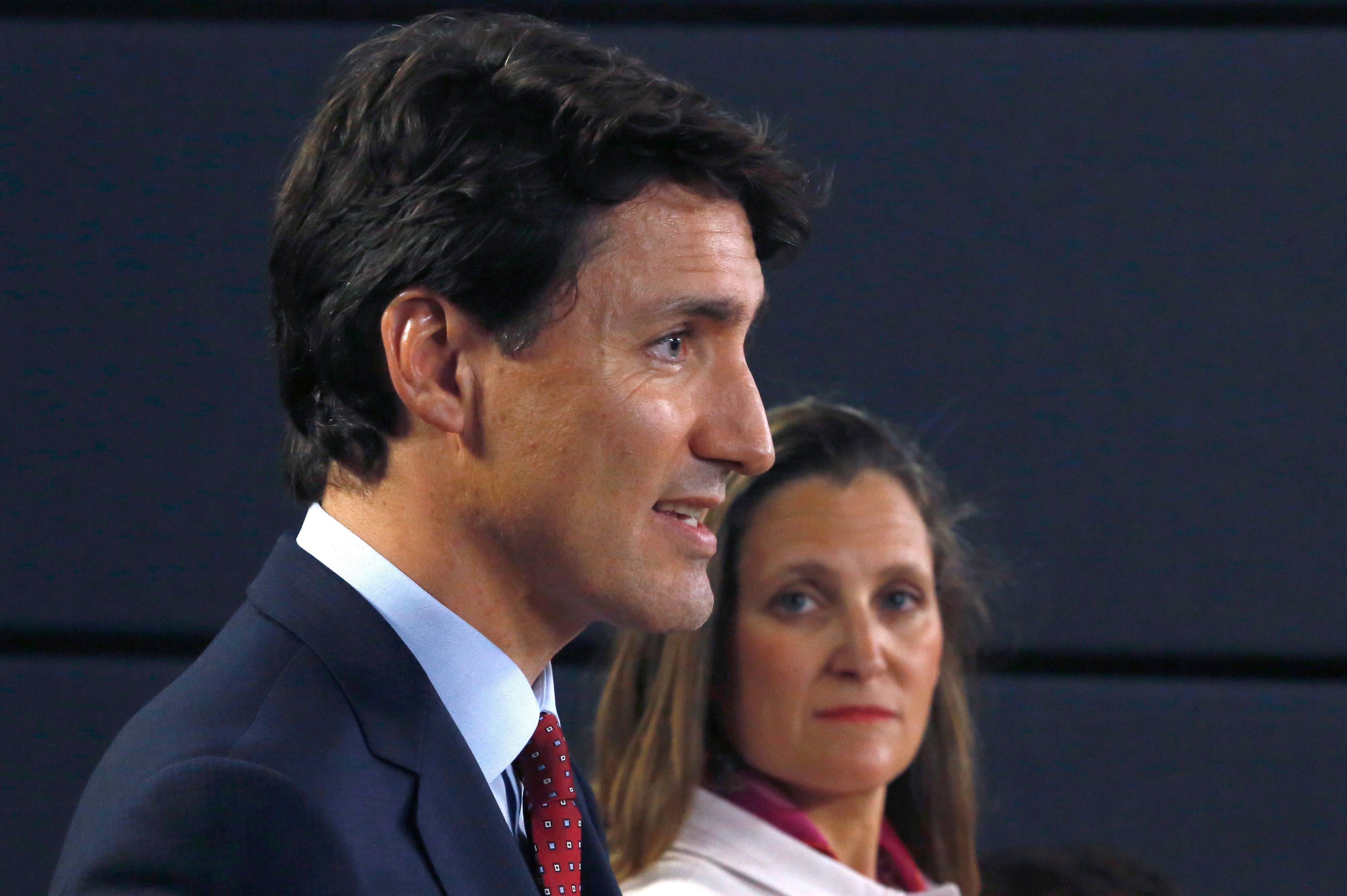 Prime Minister Justin Trudeau and Foreign Affairs Minister Chrystia Freeland speak at a press conference in Ottawa on Thursday, May 31, 2018. Canada is imposing dollar-for-dollar tariff "countermeasures" on up to $16.6 billion worth of U.S. imports in response to the American decision to make good on its threat of similar tariffs against Canadian-made steel and aluminum.THE CANADIAN PRESS/ Patrick Doyle