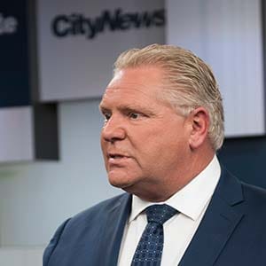 Doug Ford, leader of the Progressive Conservative Party of Ontario during a scrum after the CityNews first televised debate ahead of this year's Ontario provincial election held at City studios on May 7, 2018 in Toronto. (Marta Iwanek for Maclean's)