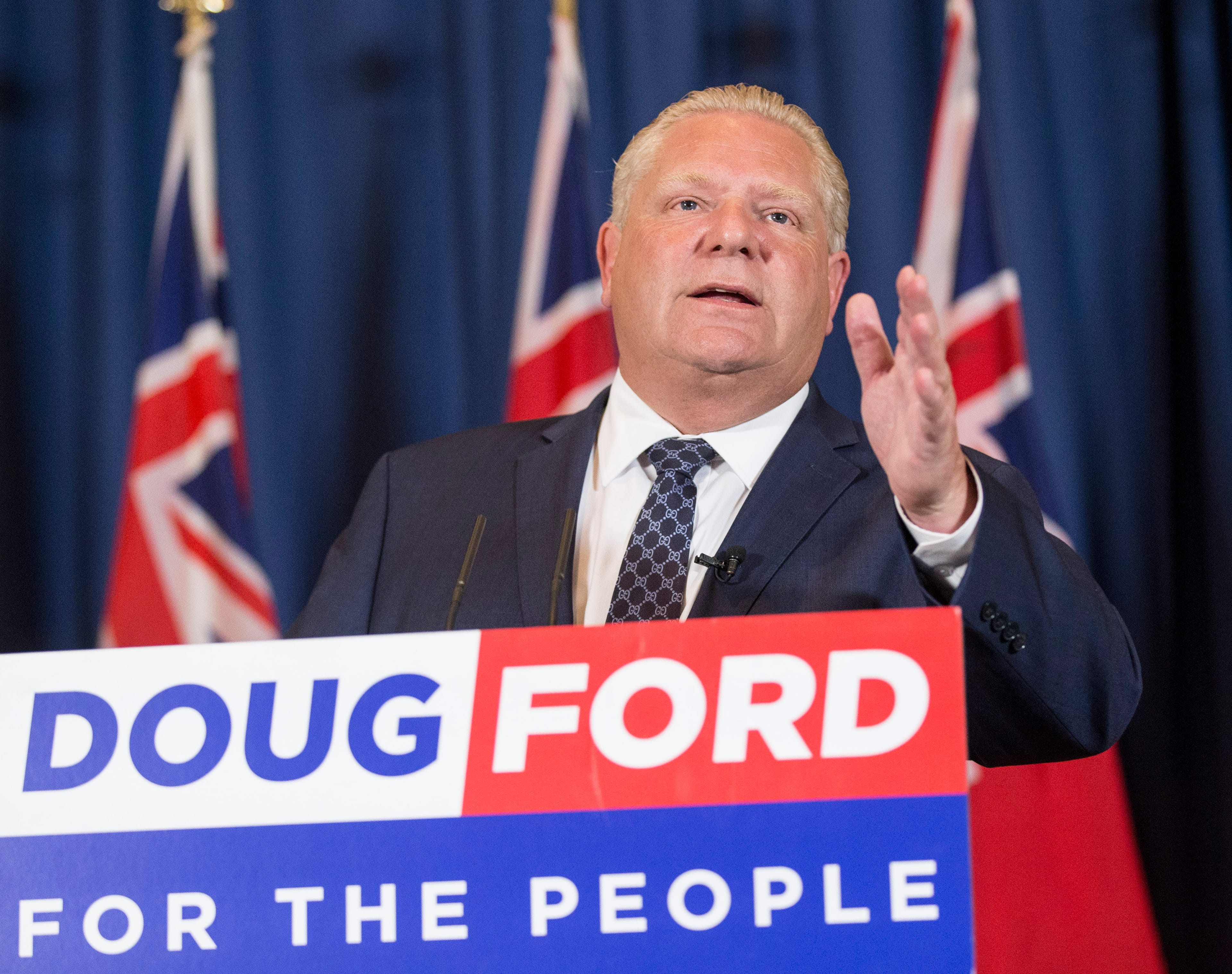 Ontario Premier-Designate Doug Ford talks to media during a post-election press conference at the Congress Centre, Toronto. June 8, 2018. (Bernard Weil/Toronto Star via Getty Images)