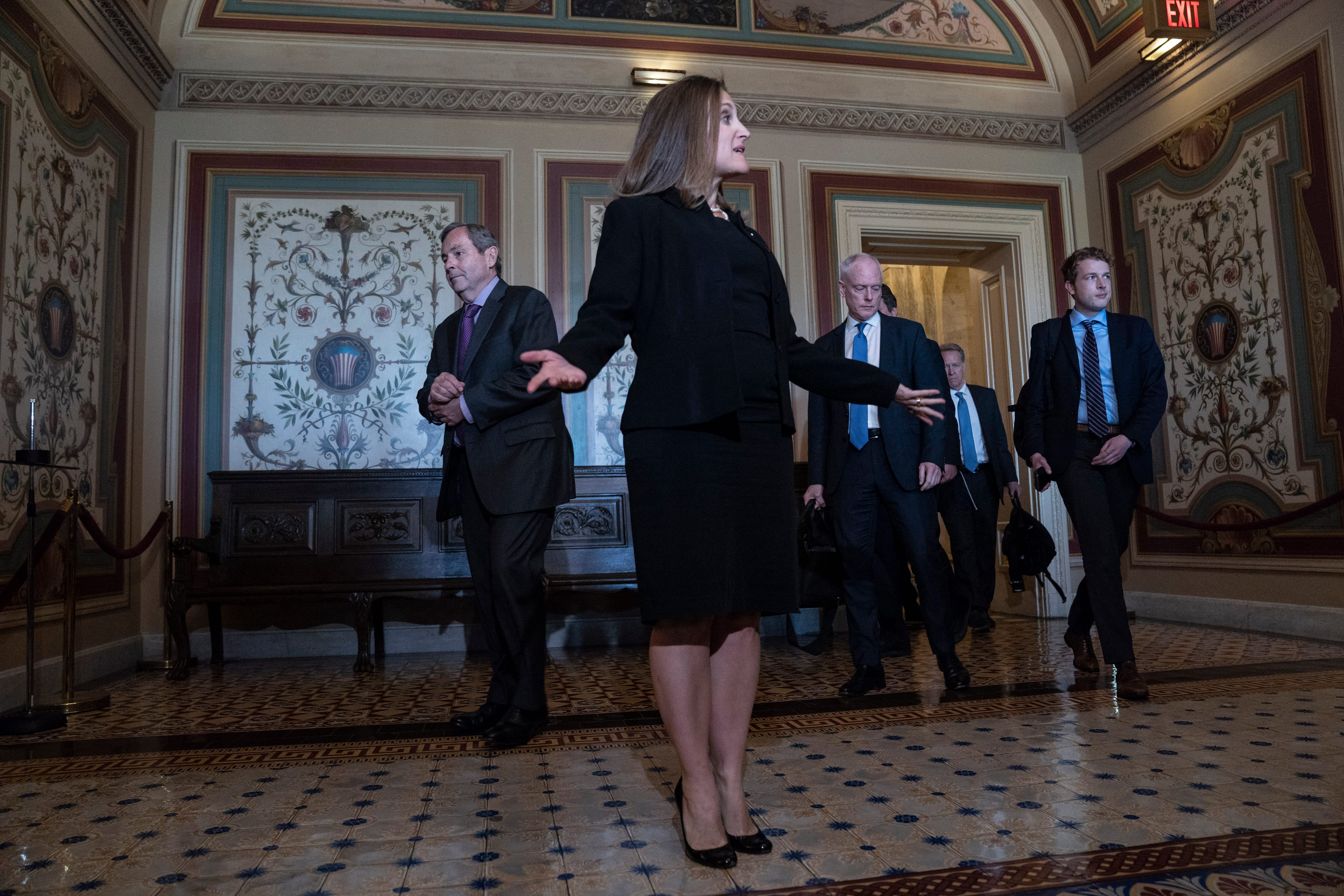 Foreign Minister Chrystia Freeland delivers remarks to the press prior to a meeting with members of The Senate Foreign Relations Committee in the U.S. Capitol on June 13, 2018 in Washington, DC. (Photo by Toya Sarno Jordan/Getty Images)