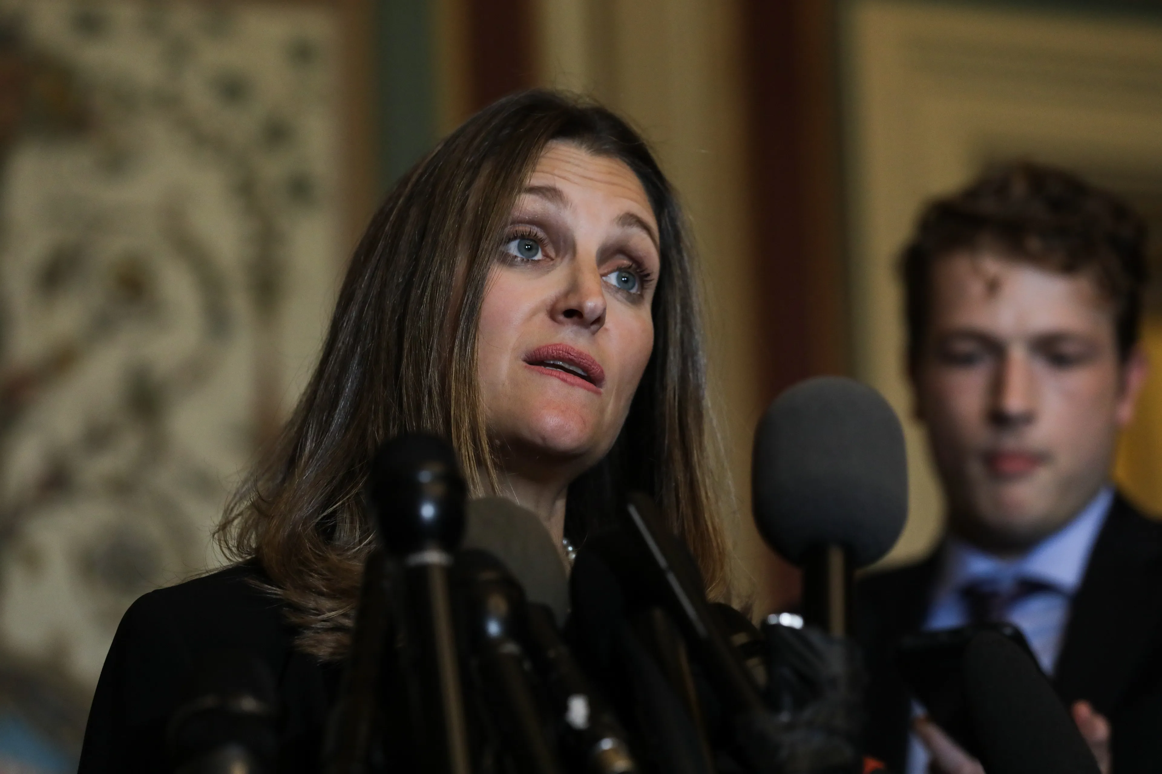 Foreign Minister Chrystia Freeland speaks during a press conference held after a meeting with United States Senate Committee on Foreign Relations in Washington on June 13, 2018. (Photo by Yasin Ozturk/Anadolu Agency/Getty Images)