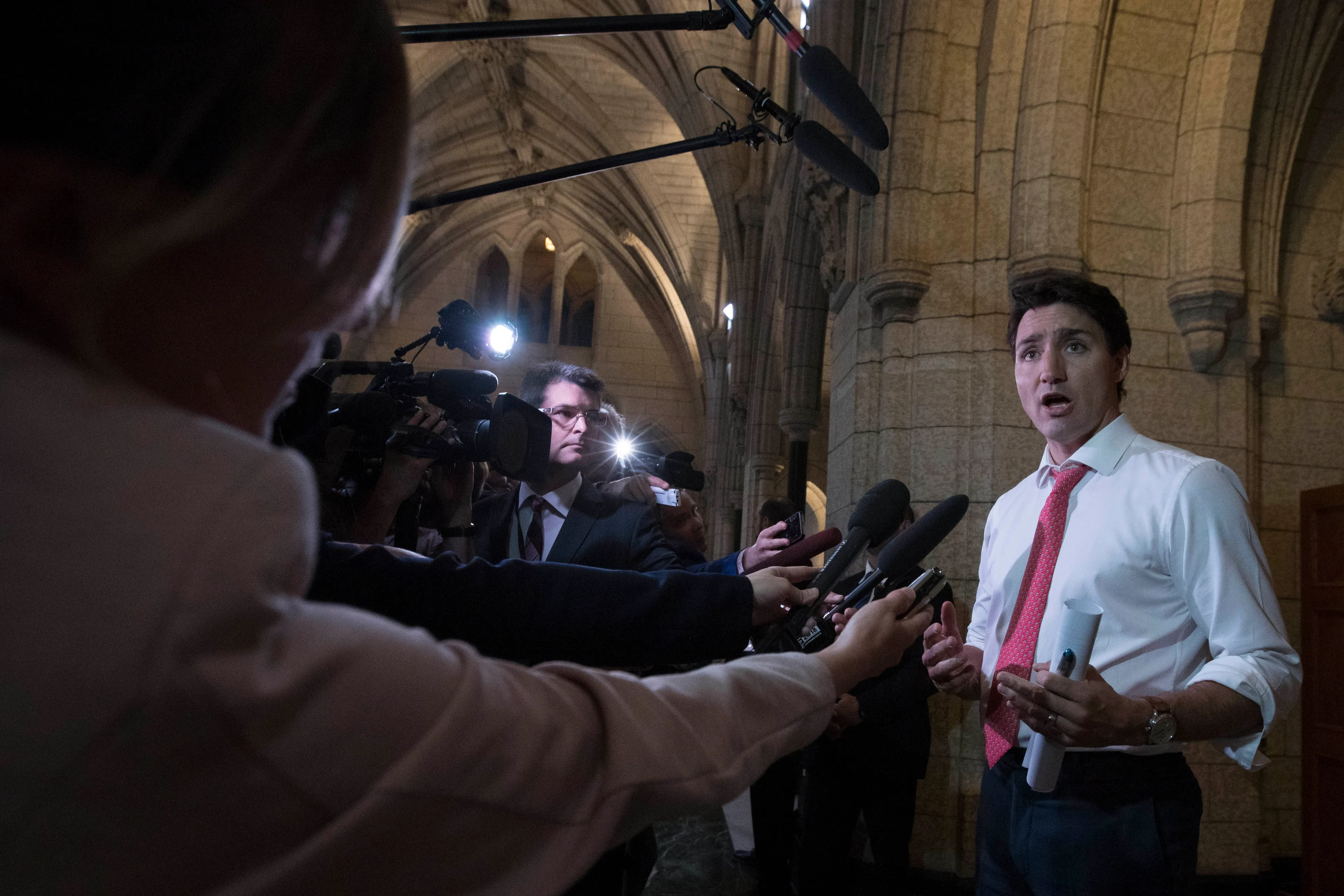 Prime Minister Justin Trudeau speaks with the media on Parliament Hill in Ottawa, Ontario on June 13, 2018. (Photo by Lars Hagberg / AFP) (Photo credit should read LARS HAGBERG/AFP/Getty Images)