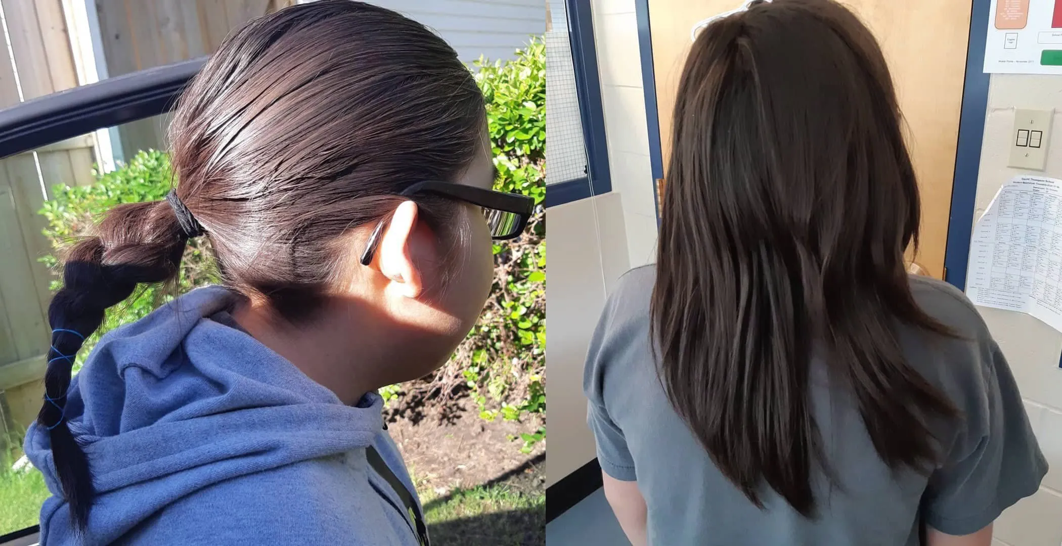 Left: Rafe Vadnais shows off his hair braid in a recent photo.
Right: his hair after the braid was partially cut by a fellow student
(Shantel Tallow/CP)