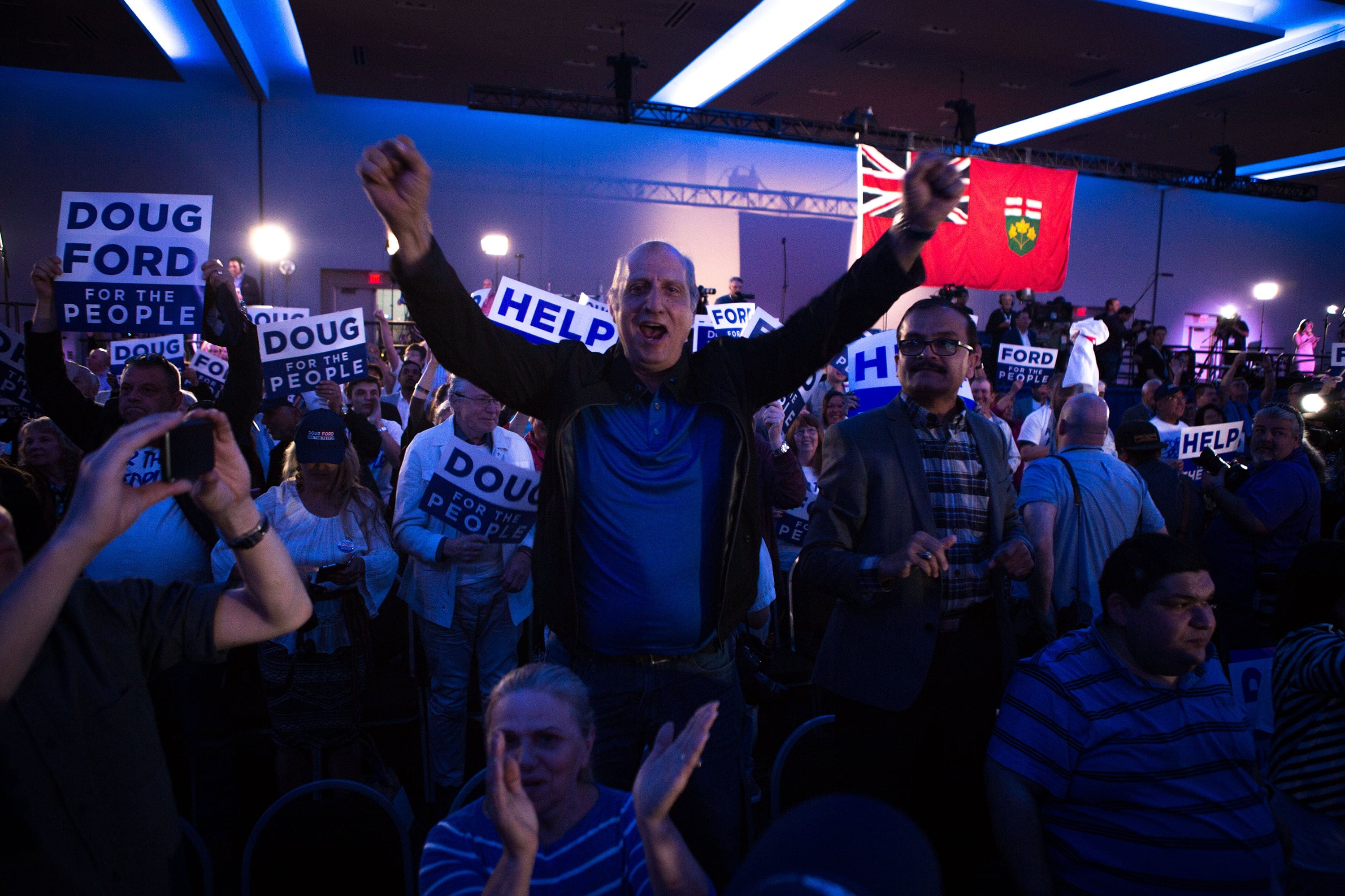 Doug Ford supporters celebrate a PC majority government victory the PC Headquarters in Etobicoke, Ontario. (Photography by Chris Donovan)
