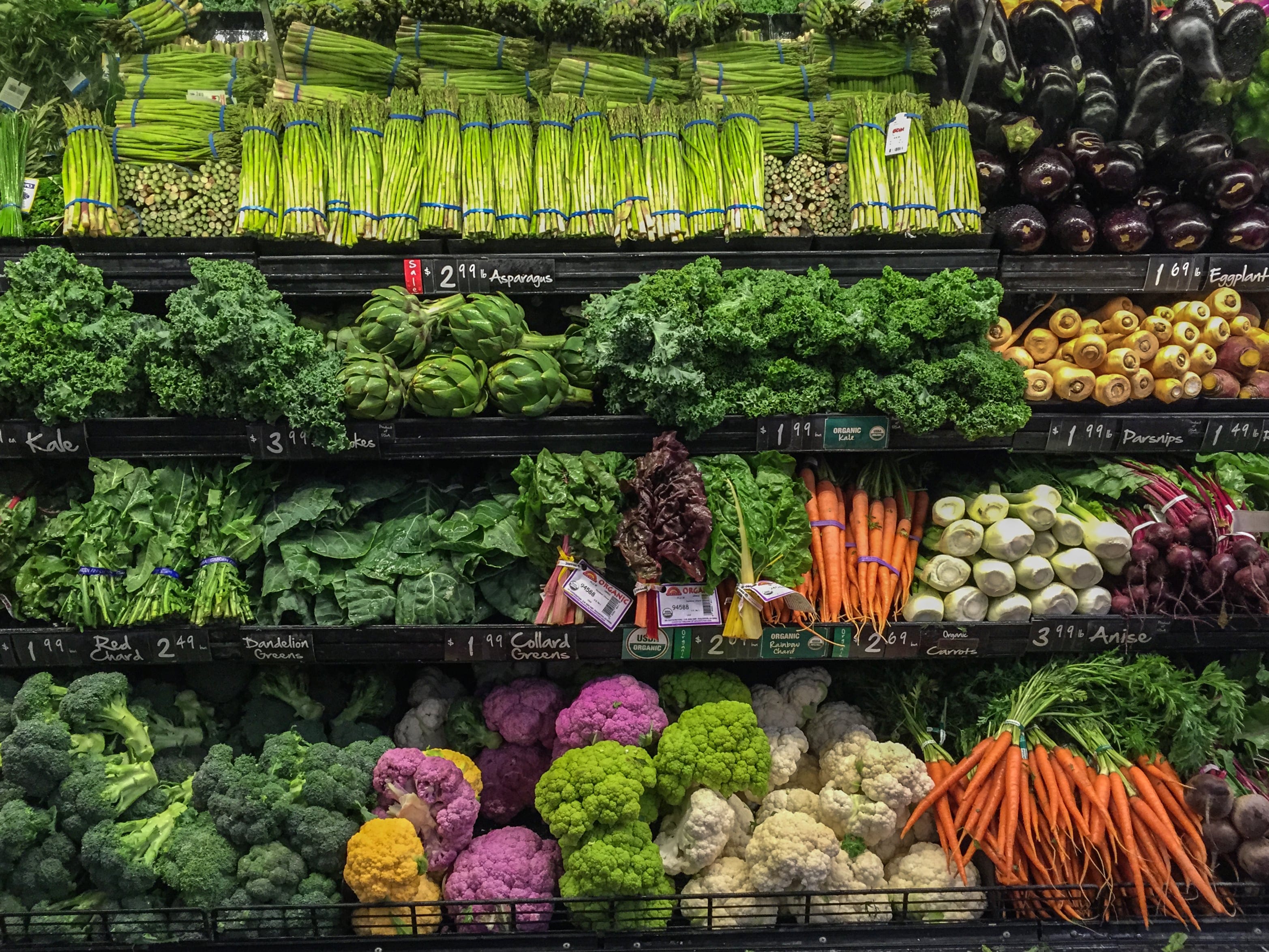 View of well ordered vegetables for sale in a supermarket. (Denise Taylor/Getty Images)