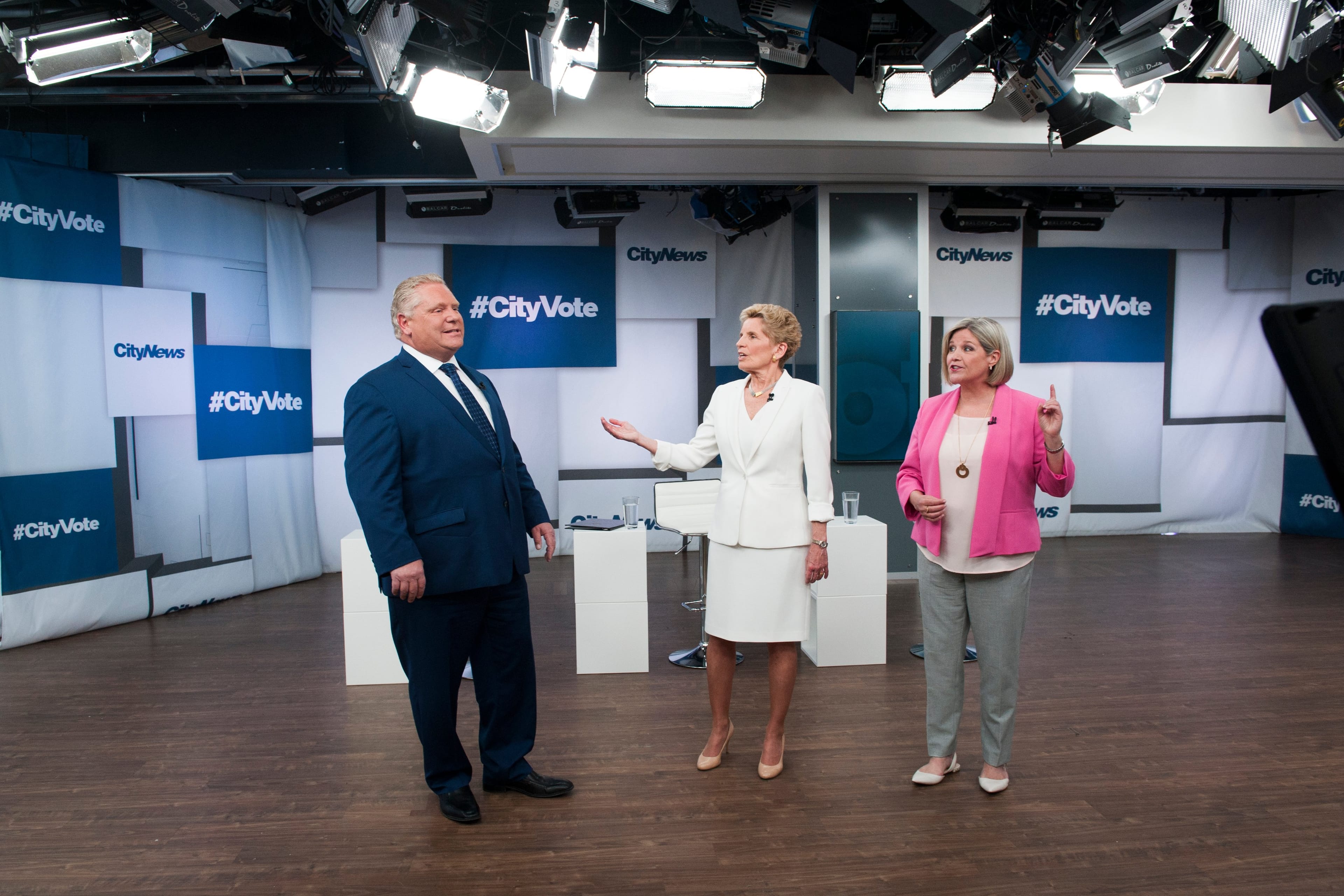 (L-R) Doug Ford, leader of the Progressive Conservative Party of Ontario, Kathleen Wynne, leader of the Ontario Liberal Party and Andrea Horwath, leader of the Ontario New Democratic Party during the CityNews first televised debate ahead of this year's Ontario provincial election held at City studios on May 7, 2018 in Toronto. (Marta Iwanek for Maclean's)