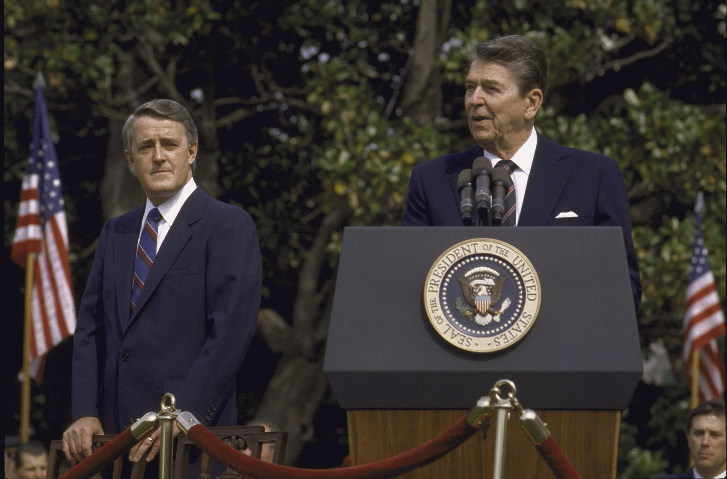 US Pres. Ronald W. Reagan (R) standing with Canada's Prime Minister Brian Mulroney during ceremony at the White House. (Photo by Dirck Halstead/The LIFE Images Collection/Getty Images)