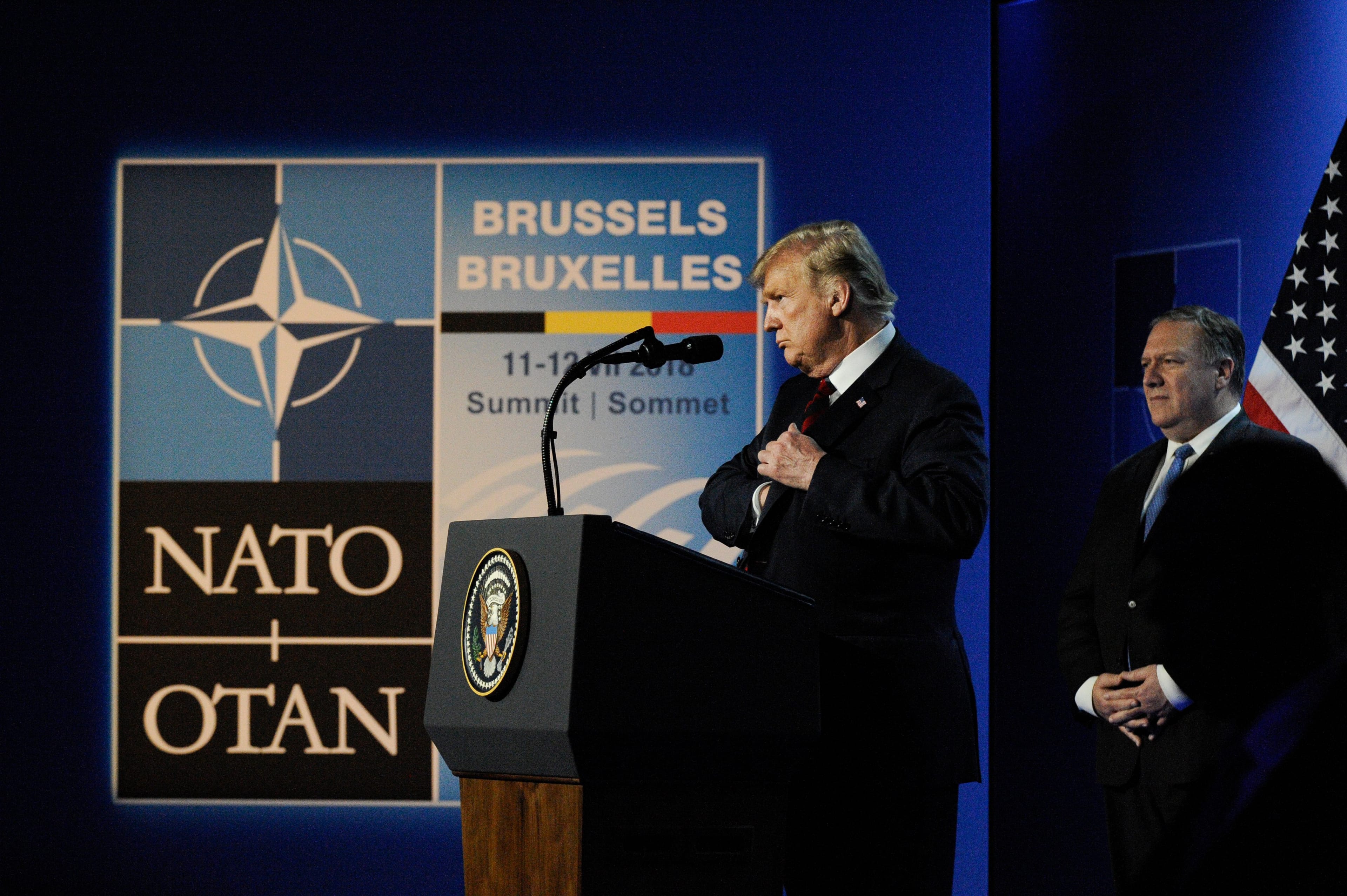 US president Donald Trump is seen during his press conference at the 2018 NATO Summit in Brussels, Belgium on July 12, 2018. (Photo by Jaap Arriens/NurPhoto via Getty Images)