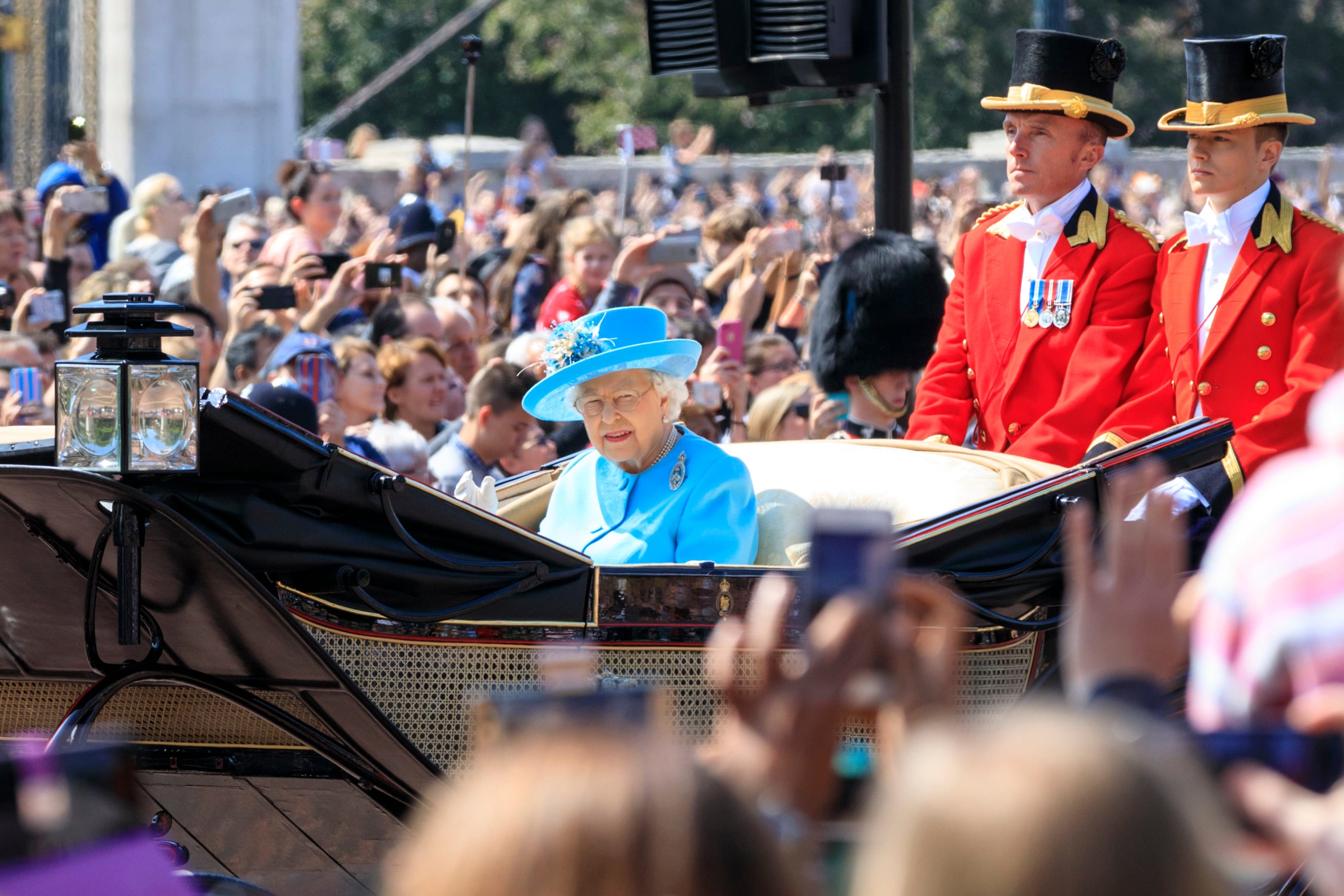 Queen Elizabeth II attends her birthday celebration, Trooping The Colour, on June 9, 2018 in London, England. (TF-Images/Getty Images)