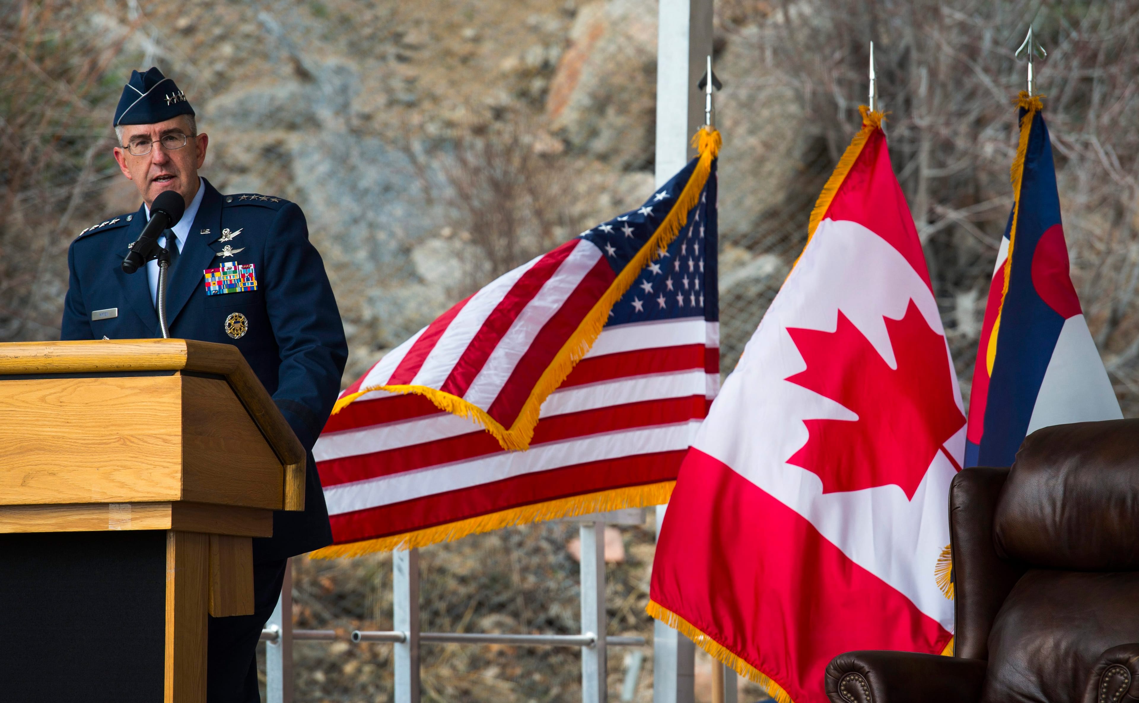 Air Force Space Command leader Gen. John Hyten speaks during a ceremony Friday, April 15, 2016, for the 50th anniversary celebration of the Cheyenne Mountain Complex in Colorado Springs, Colo.(Christian Murdock/The Gazette via AP)